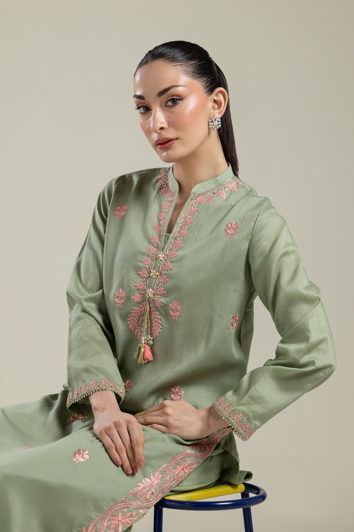Embroidered Textured Weave Long Mint Kurta - 2-26-107-A-F-VG