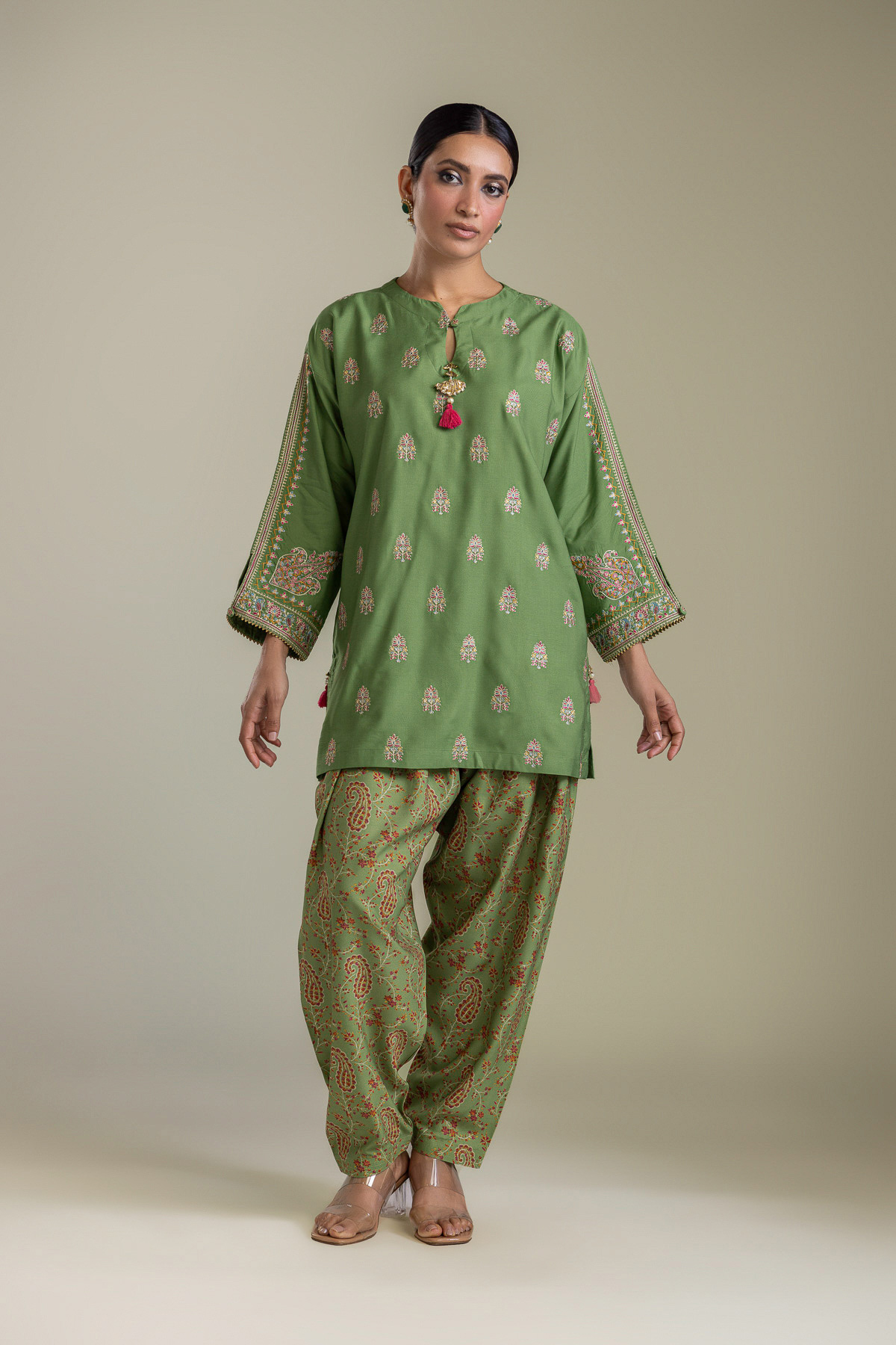 Embroidered Raw Silk Short Green Kurta - 2-26-403-A-J1-VG
