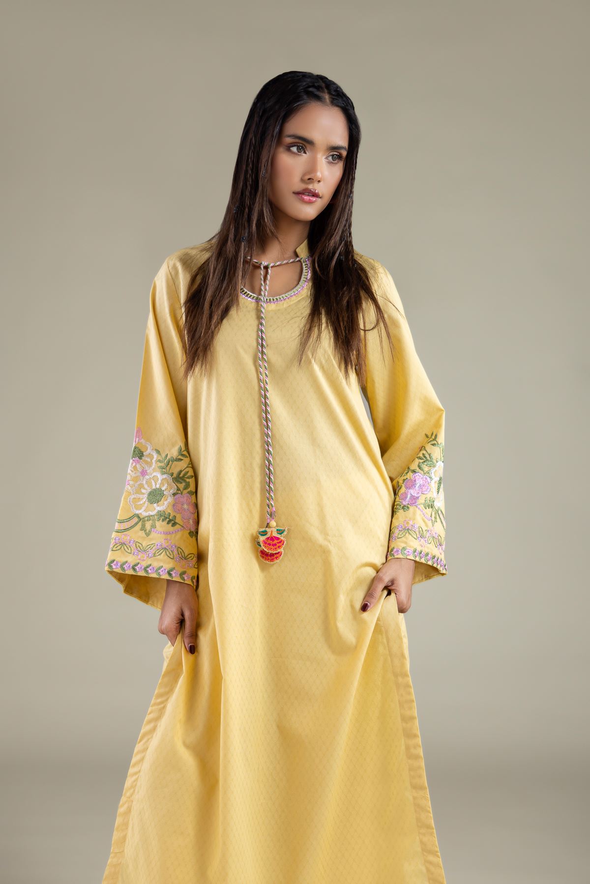 Embroidered Cotton Dobby Floral Drawstring Kurta - T-A33-26-105FH-VG