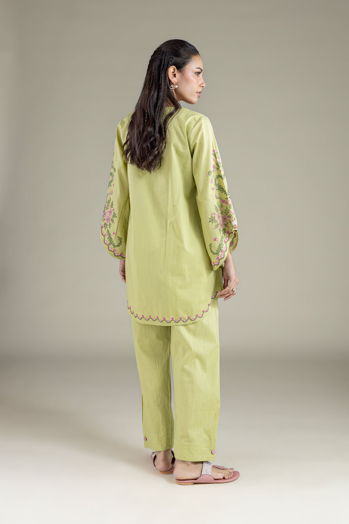 Embroidered Textured Cambric Scalloped Floral Kurta - CA44BST-VG