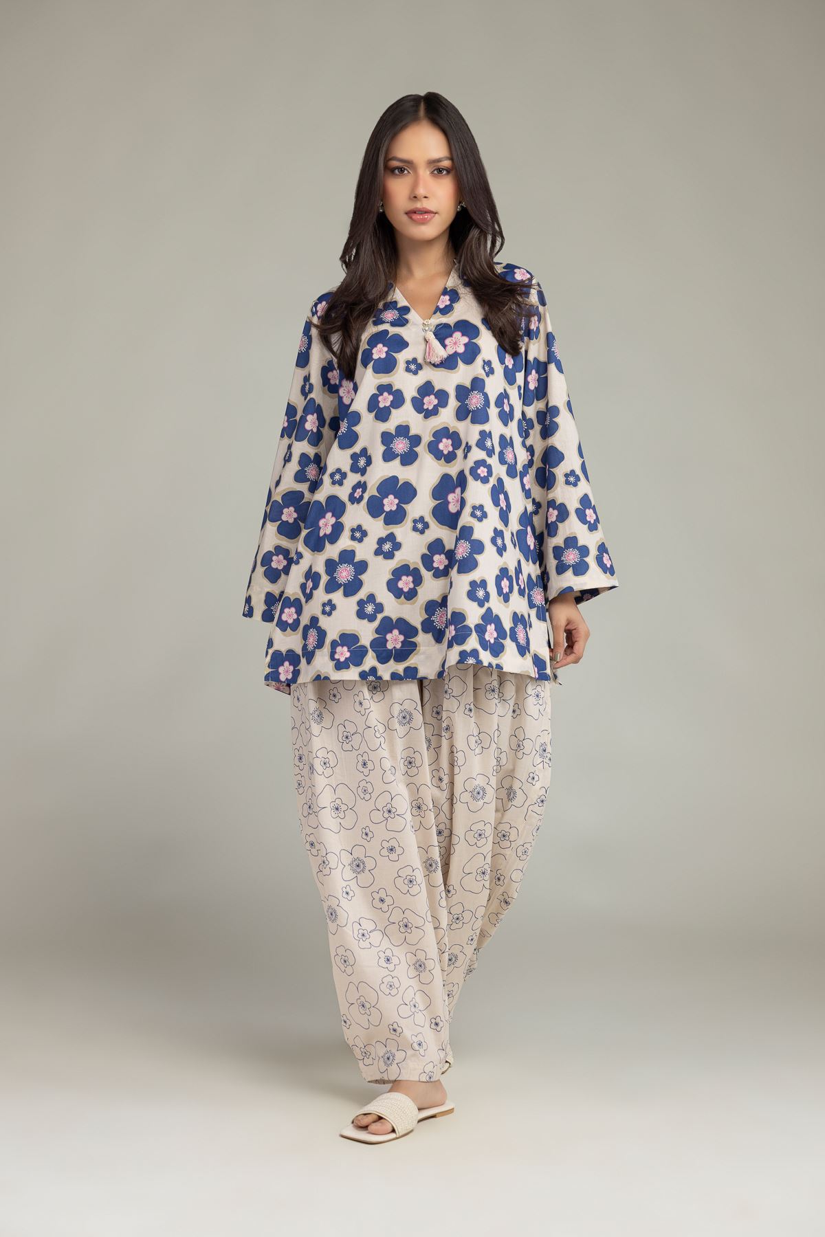 Printed Cambric Floral V-Neck Kurta - 5-26-105-F-A-VG