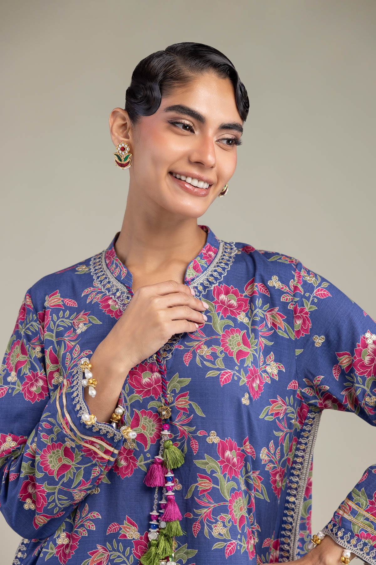 Embroidered Raw Silk Blue V-Neck Kurta - 1-26-102-A-F-VG