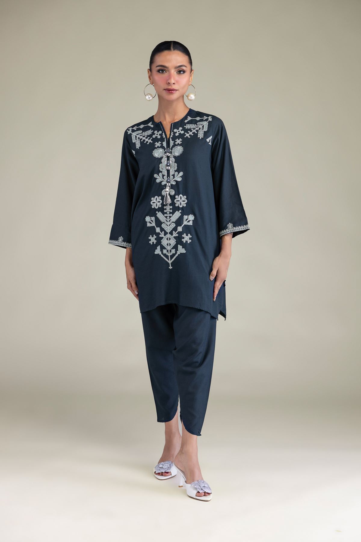 Embroidered Raw Silk Floral Navy Kurta - 8-26-209-A-D1-VG