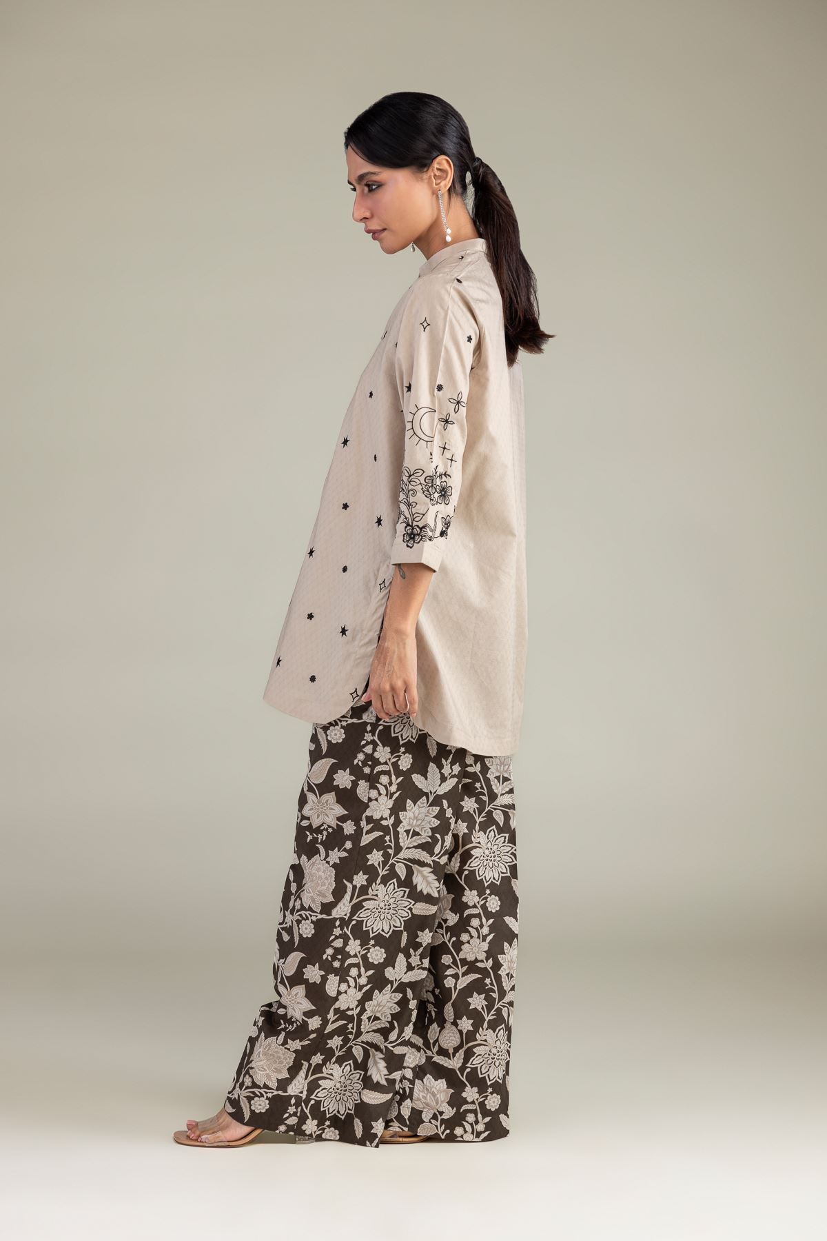 Embroidered Cotton Dobby Floral Brown Pants - R-1-26-114-C-C-VG