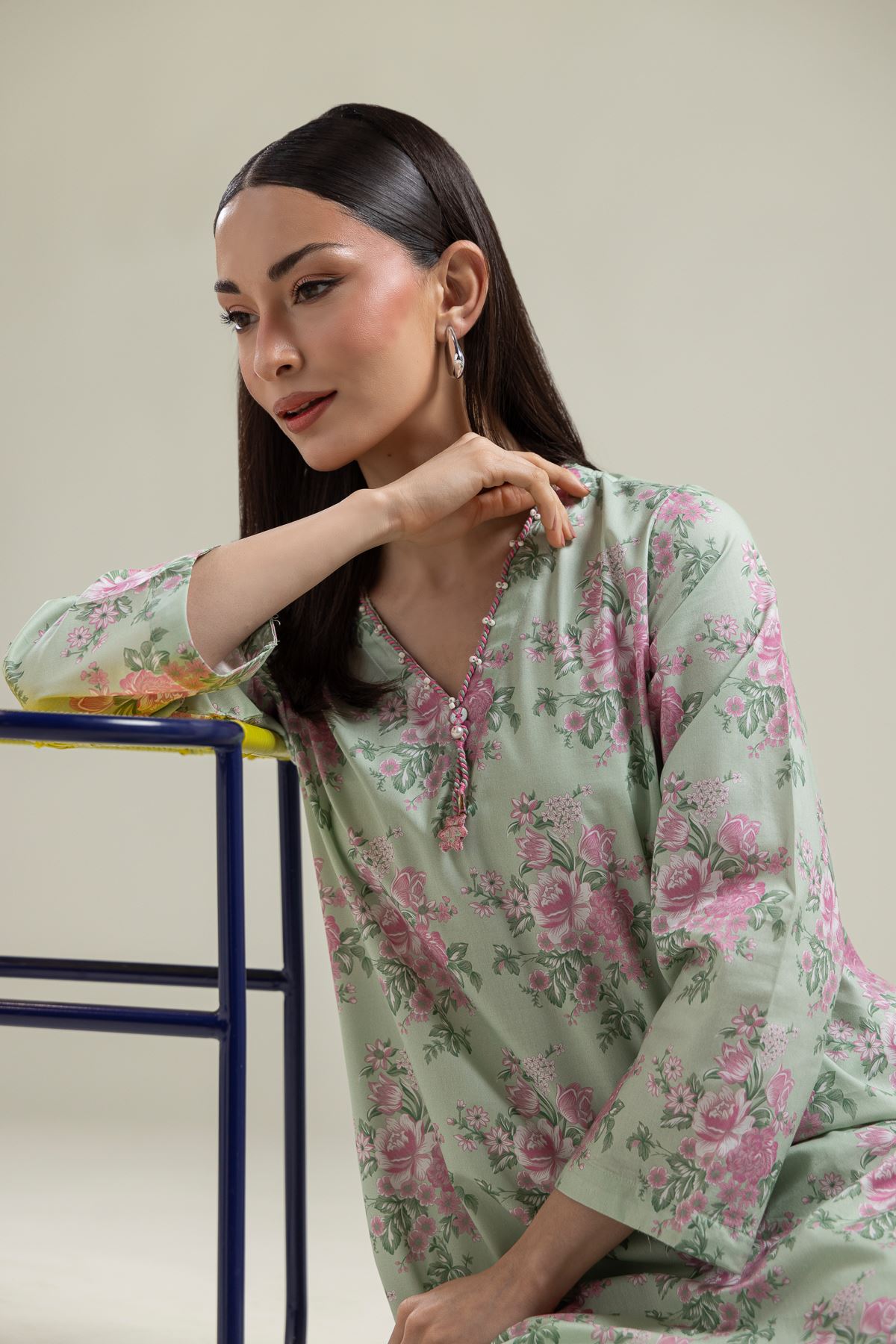 Printed Cotton Viscose Long Floral Kurta - 2-26-109-A-H-VG