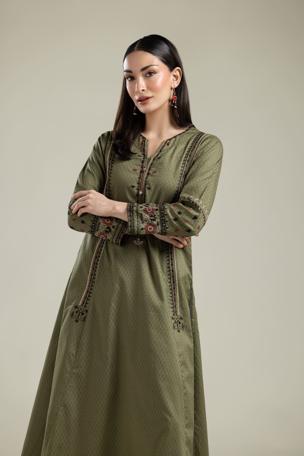Embroidered Cotton Dobby Olive Floral Kurta - T-A112-26-106EC1-VG