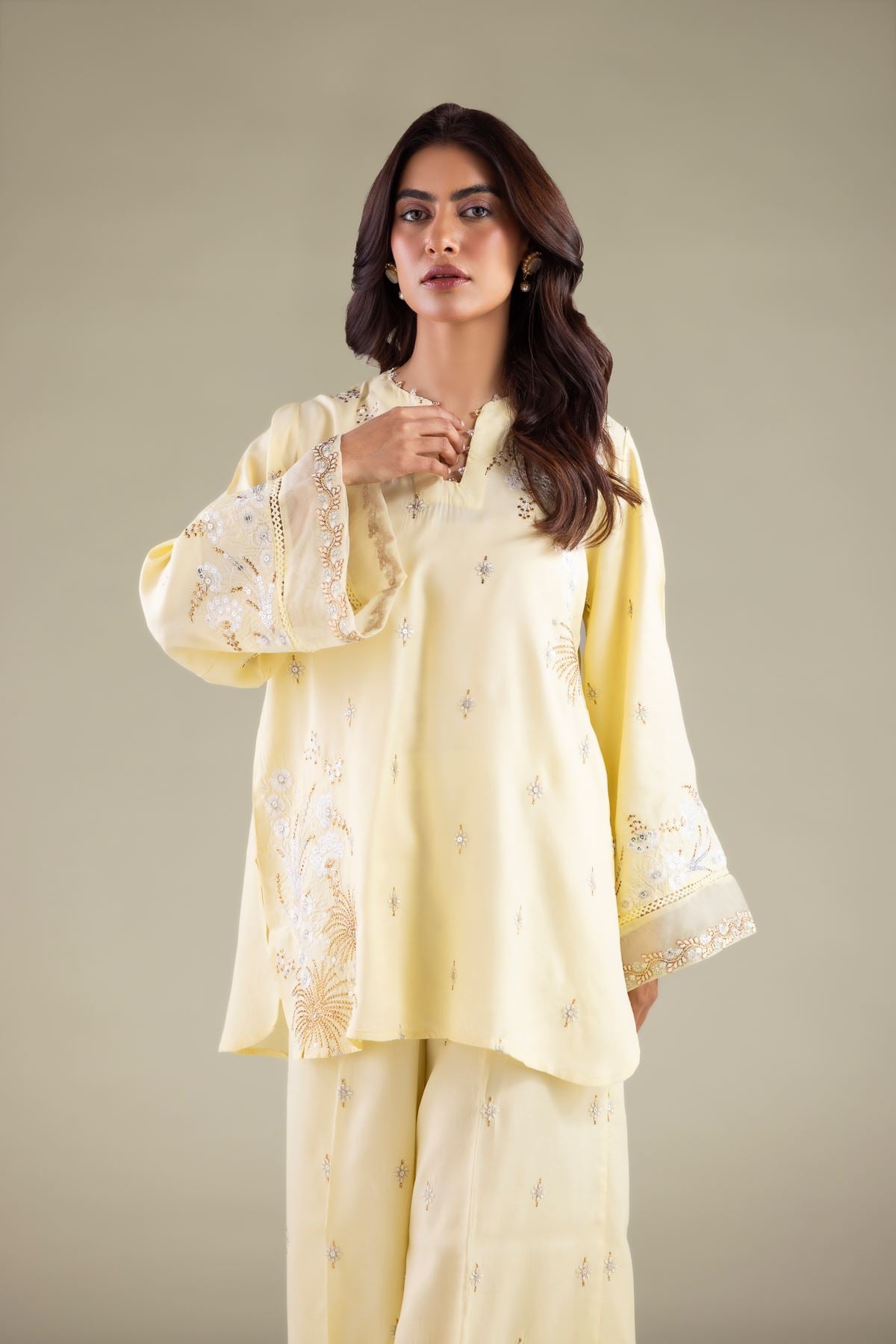 Embroidered Raw Silk Embellished V-Neck Kurta - 2-26-110-A-E-VG