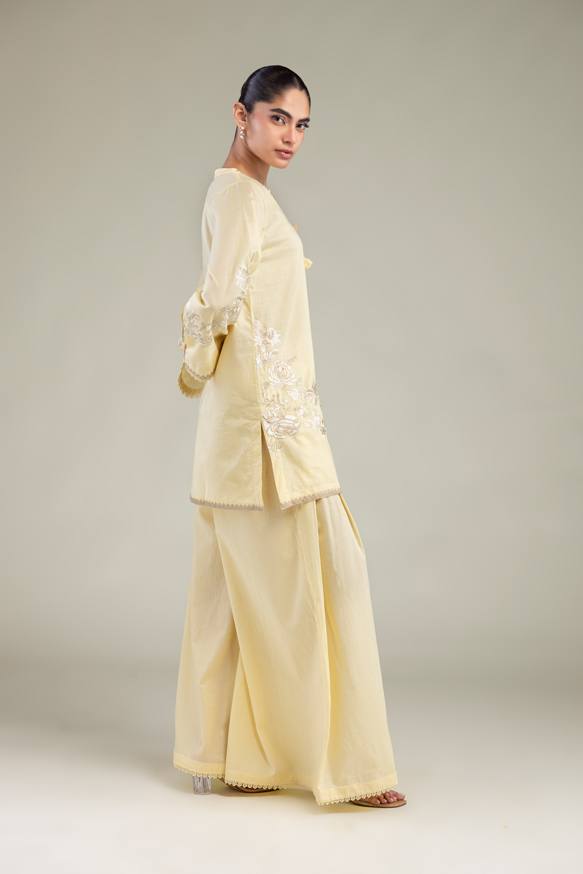 Embroidered Cambric Yellow Cambric Pants - A22-26-214FH1-VG