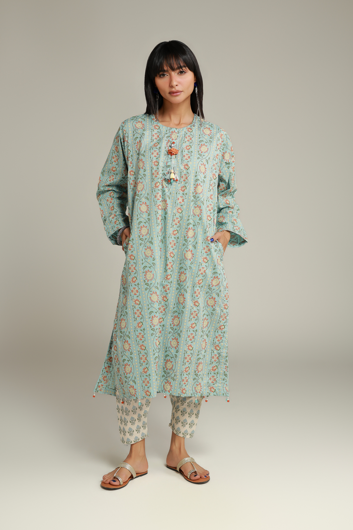 Printed Cambric Floral Tassel Kurta - 12-26-115-E-H-VG