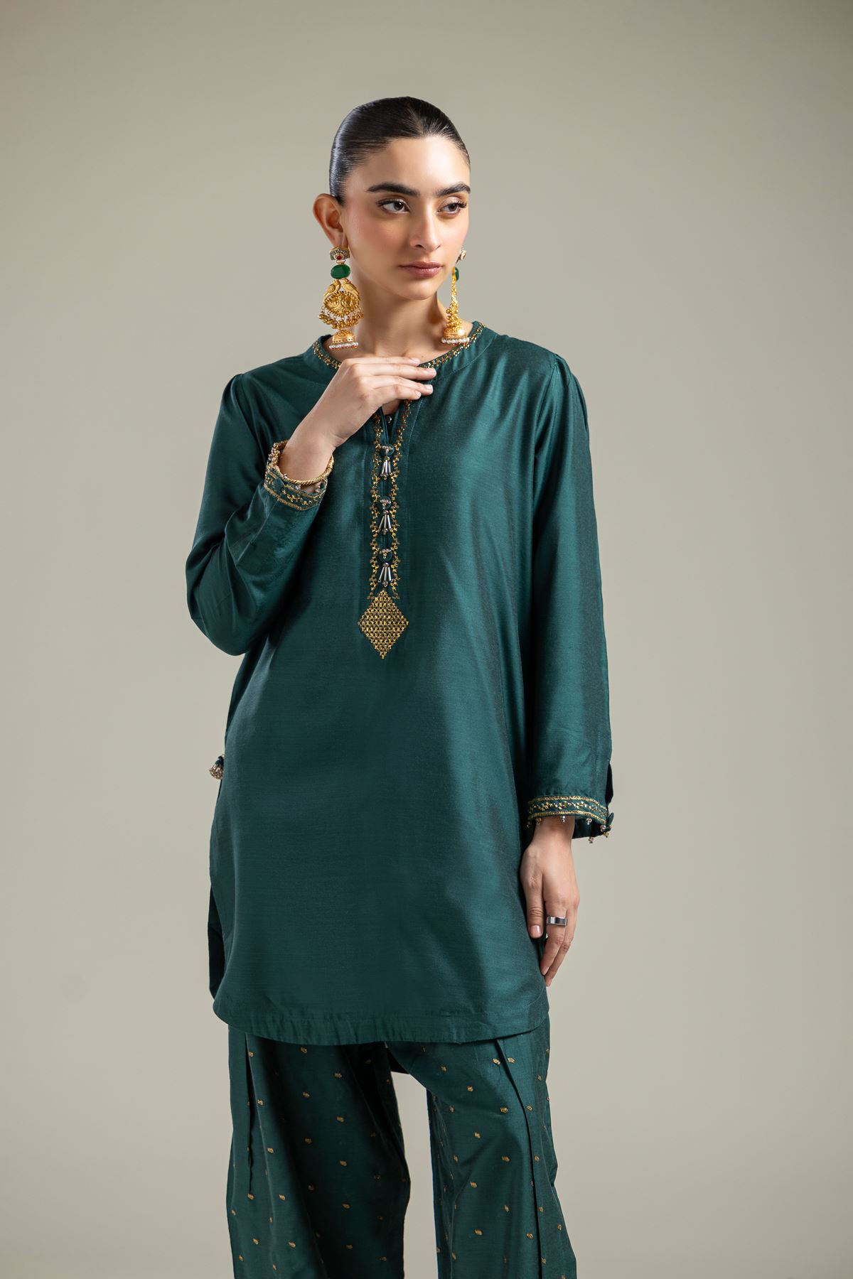 Raw Silk Green V-Neck Kurta - 2-26-107-A-F-VG