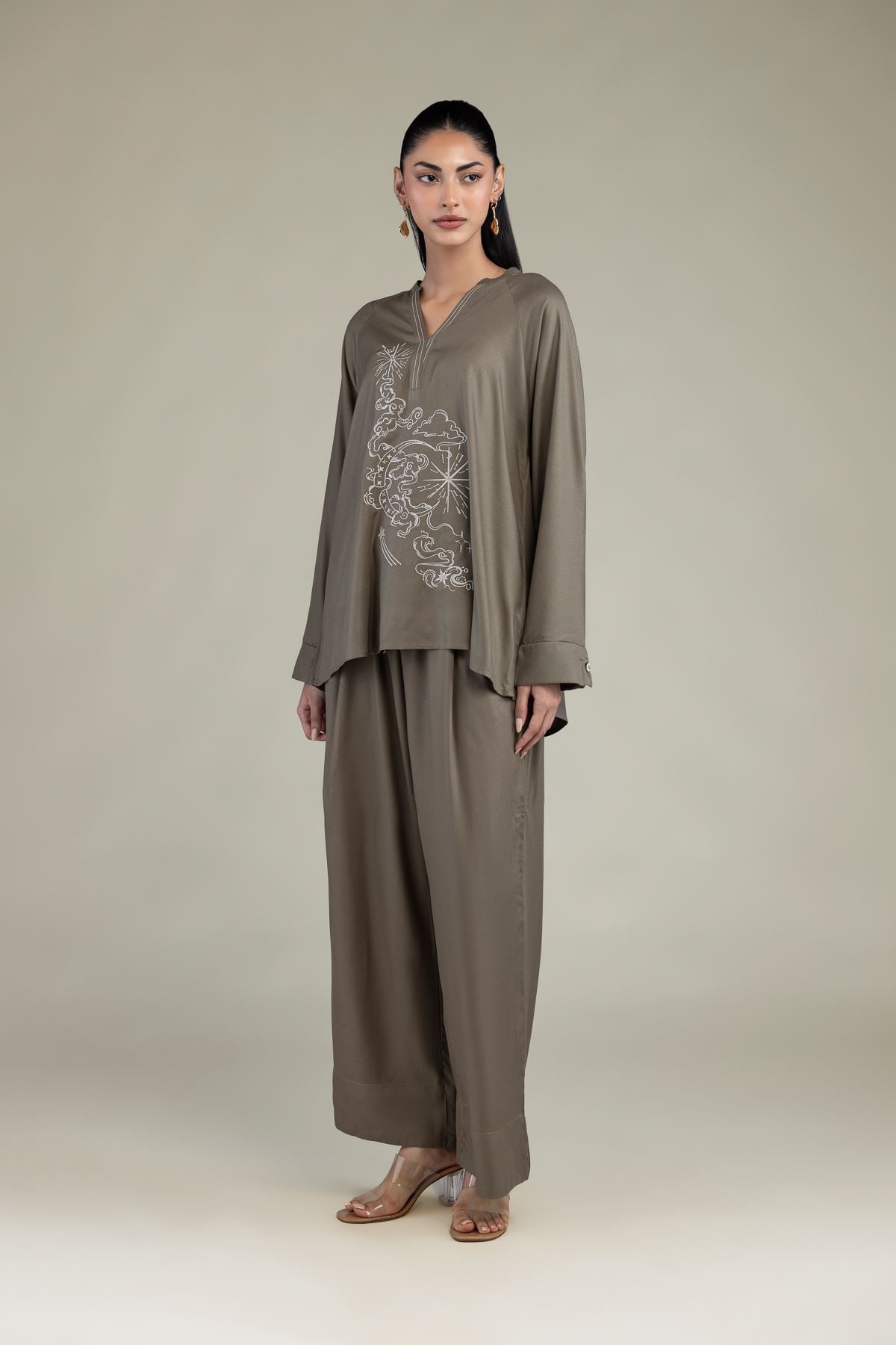 Embroidered Viscose Crepe Solid Olive Trousers - 8-26-303-A-C1-VG