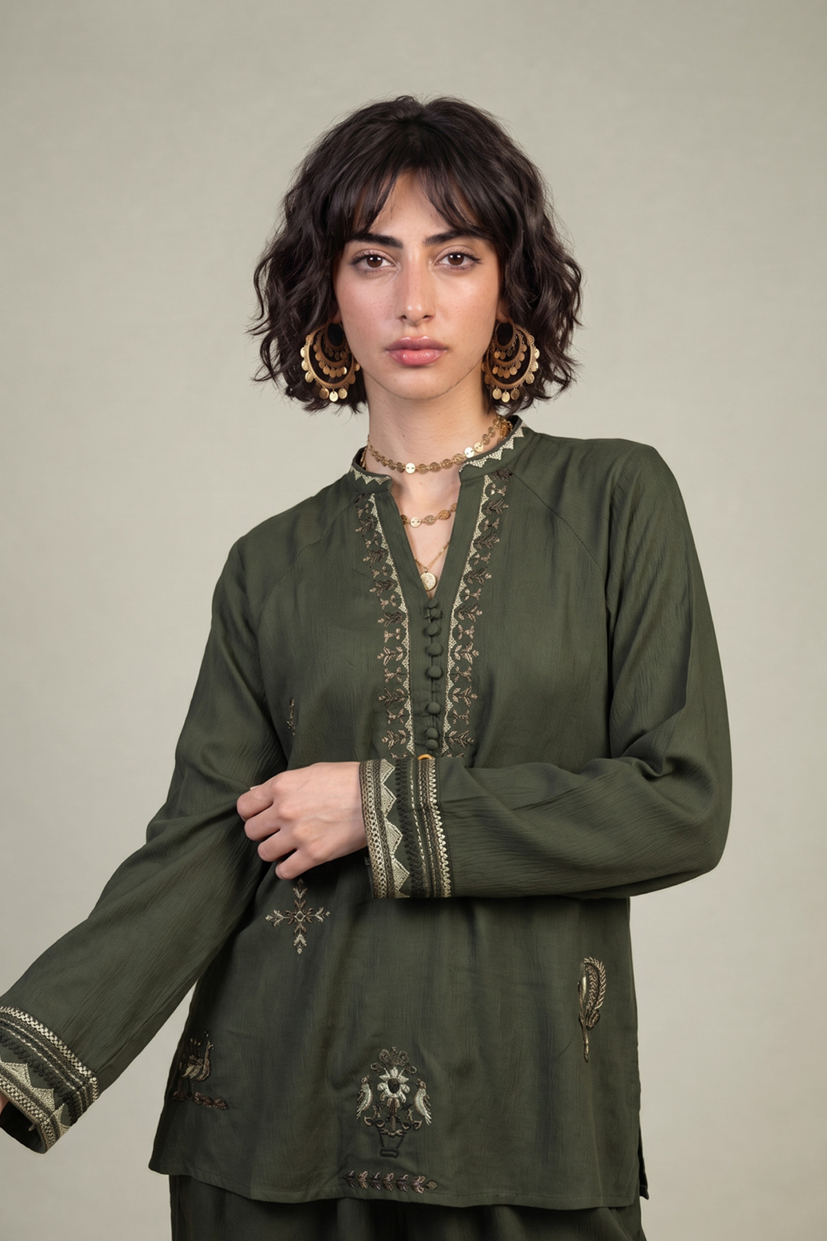 Embroidered Viscose Crepe V-Neck Olive Tunic - 1-26-309-B-D1-VG
