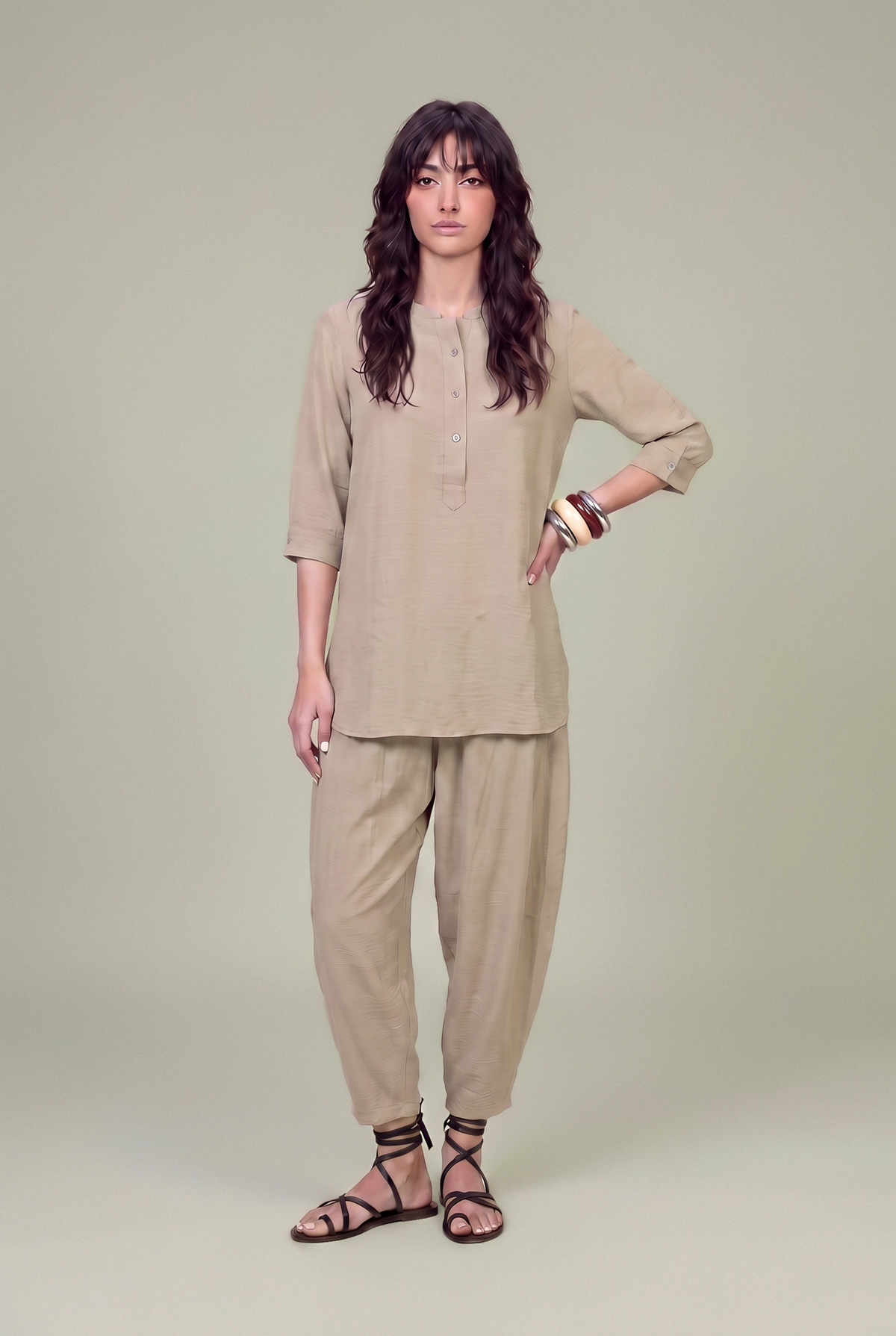 Dyed Textured Georgette Solid Beige Trousers - 8-26-303-A-C1-VG