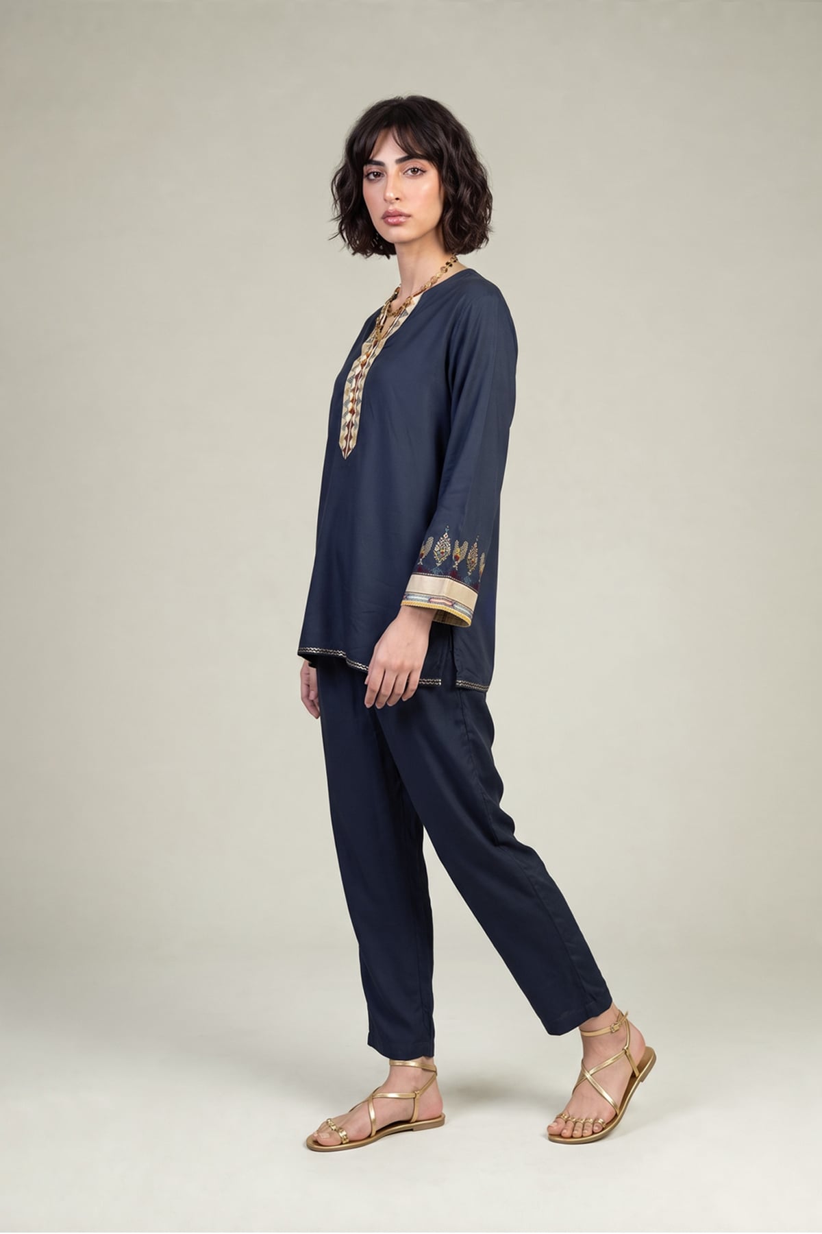 Embroidered Viscose Crepe Navy Crepe Trousers - 1-26-102-A-F-VG