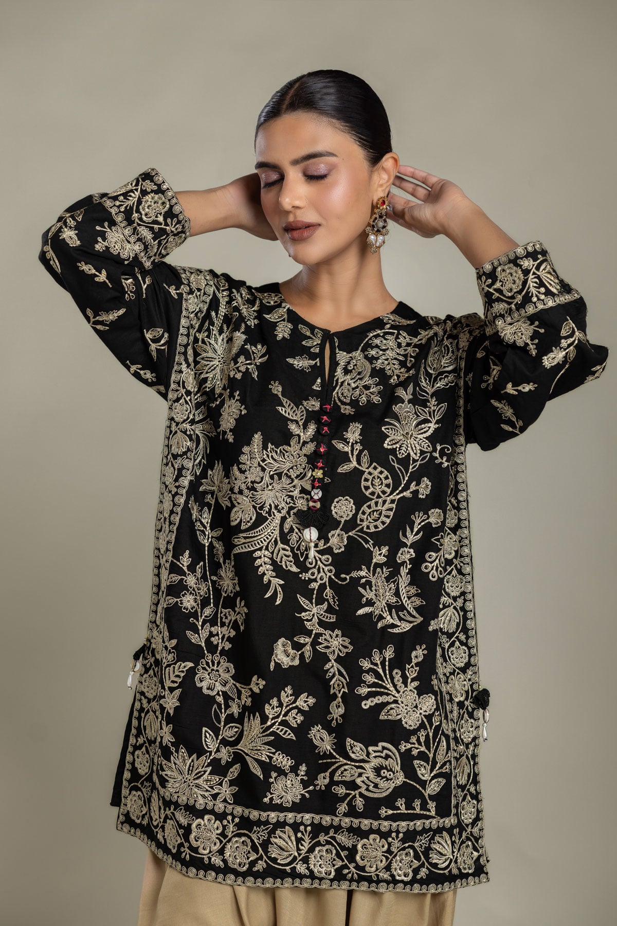 Embroidered Raw Silk Black Floral Kurta - 2-26-202-A-D-VG