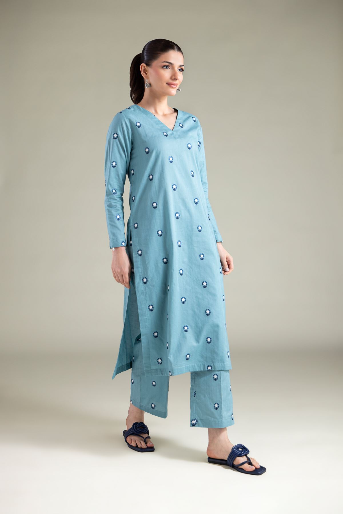 Embroidered Cotton Dobby Longline V-Neck Kurta - 1-26-113-A-F-VG