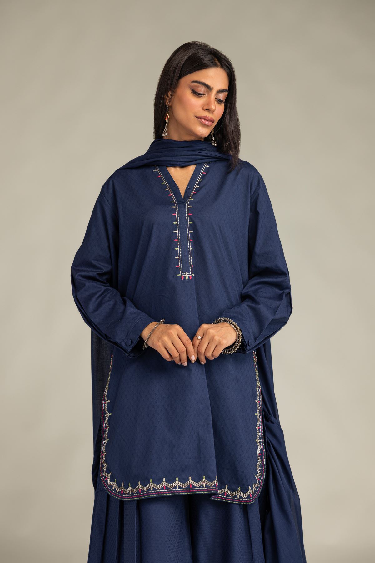 Embroidered Lawn Navy Lawn Dupatta - 1-26-102-A-F-VG