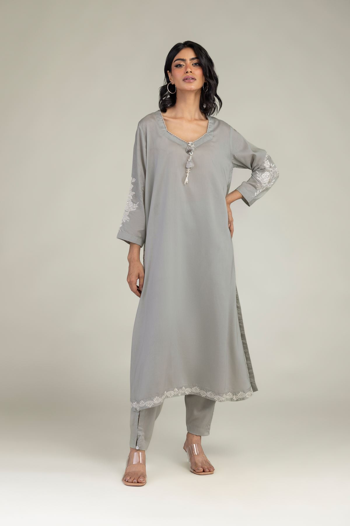Embroidered Lyocell Gray Longline Kurta - 8-26-208-A-E1-VG