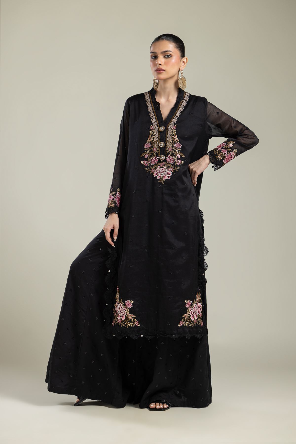 Raw Silk Black Solid Pants - 2-26-109-A-D-VG