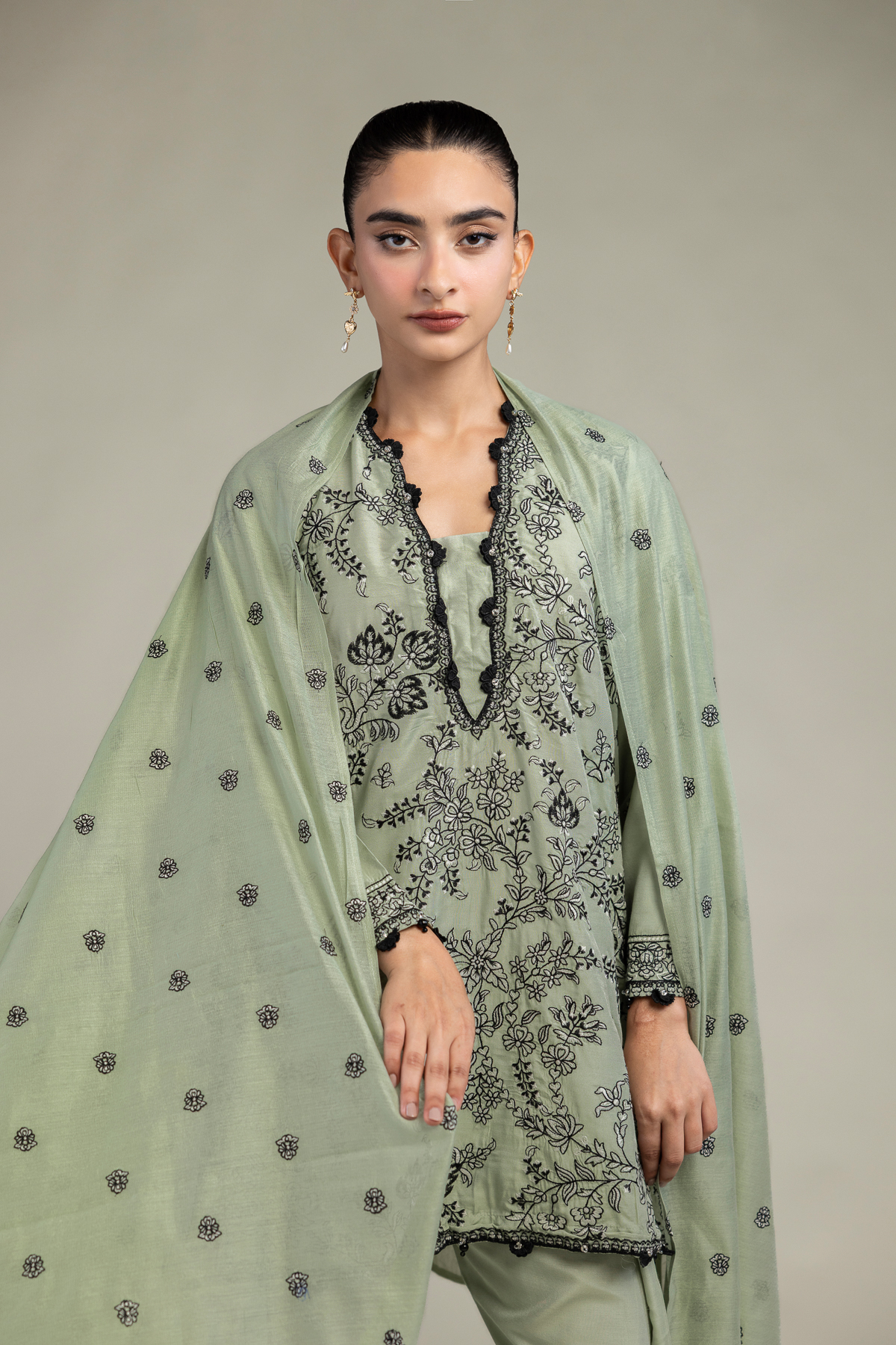 Embroidered Cotton Net Floral Cotton Dupatta - 1-26-102-A-F-VG