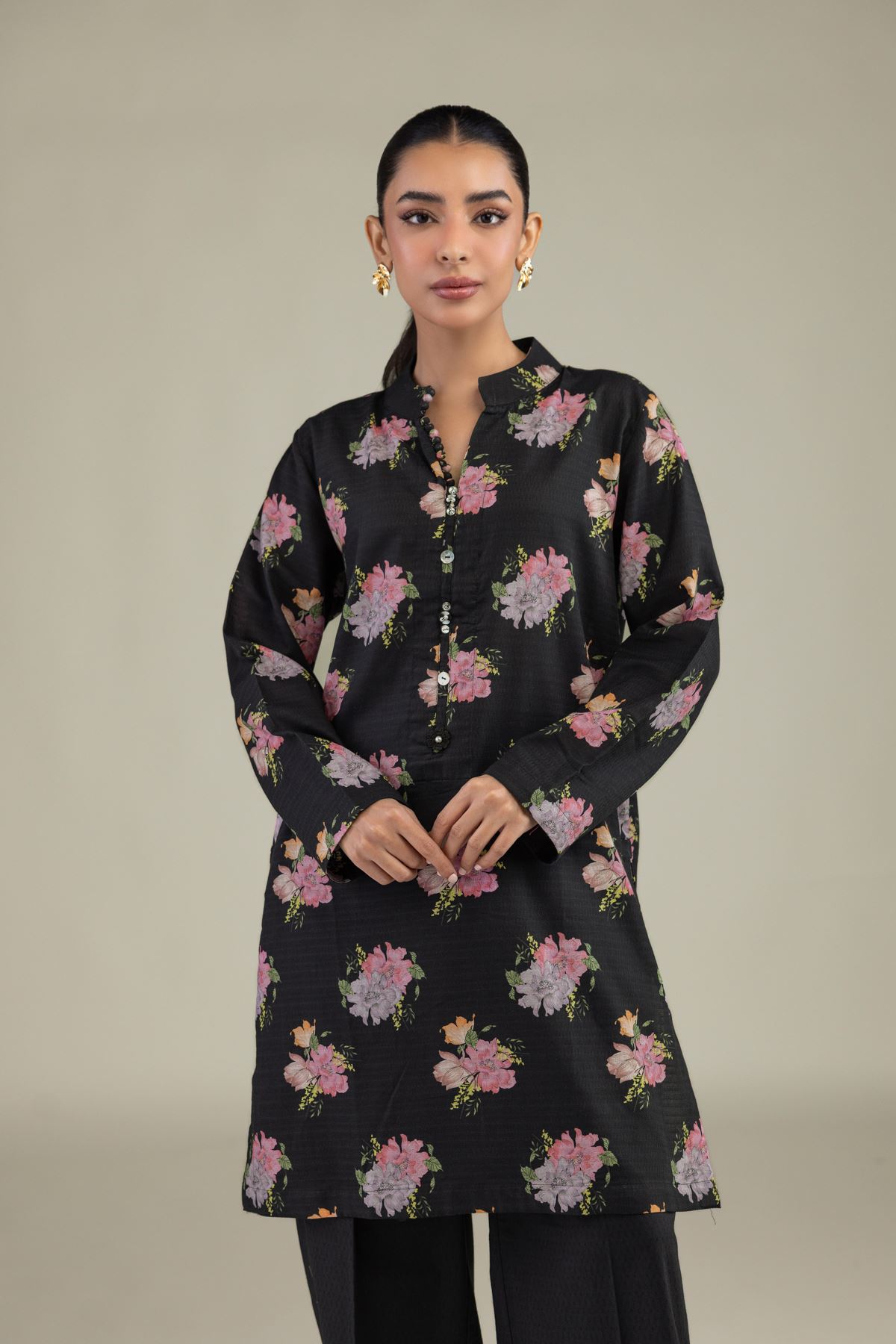 Printed Cotton Dobby Black Floral Kurta - 1-26-102-A-F-VG
