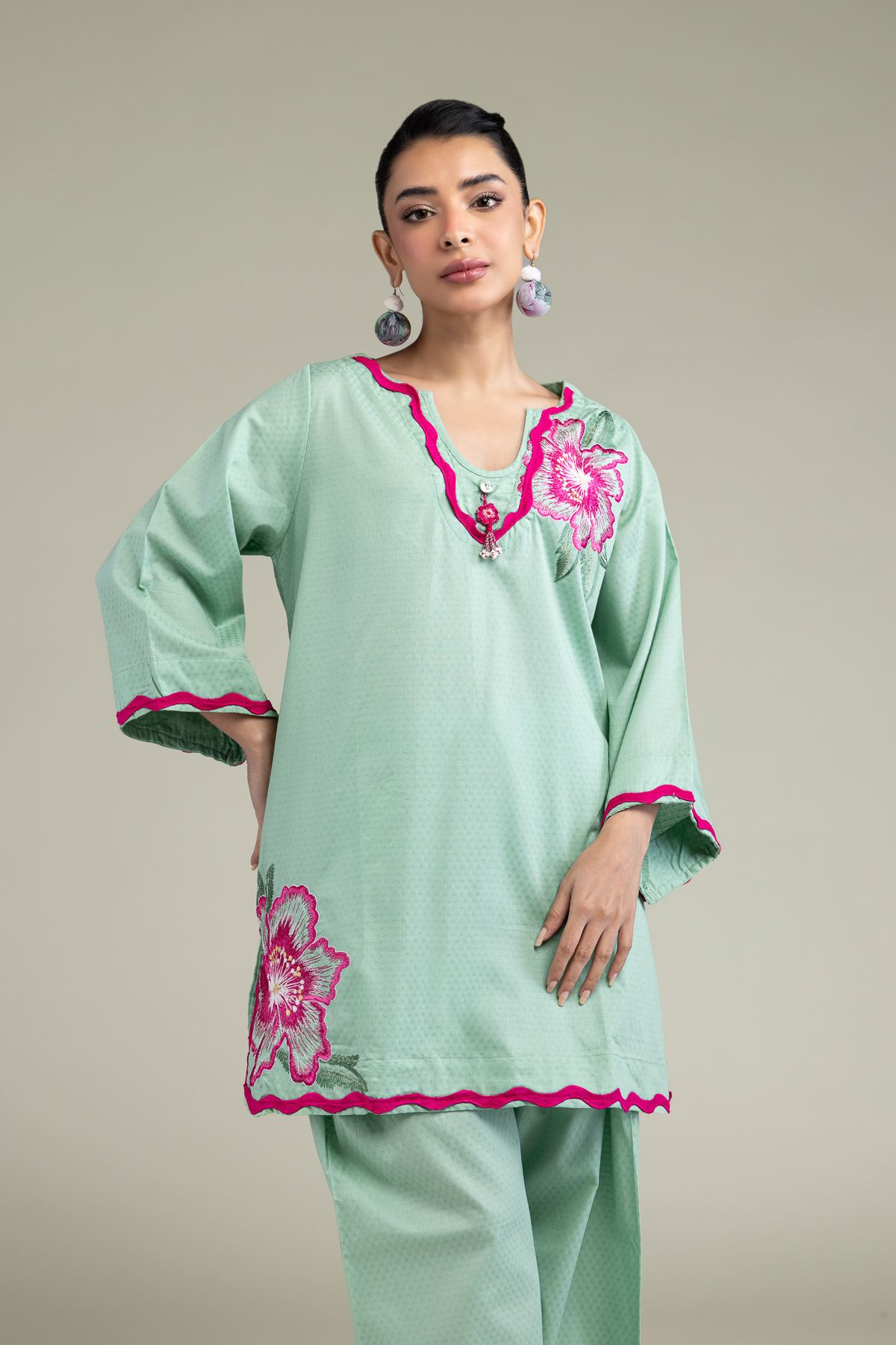 Embroidered Cotton Dobby Floral Mint Kurta - 1-26-247-A-G1-VG