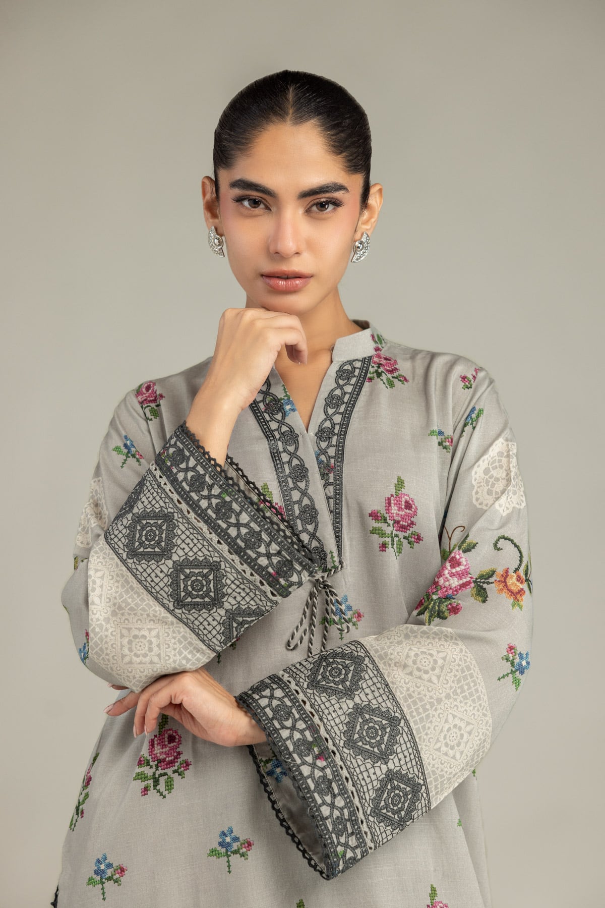 Embroidered Raw Silk Floral Gray Kurta - B1-2-26-106-A-C-VG