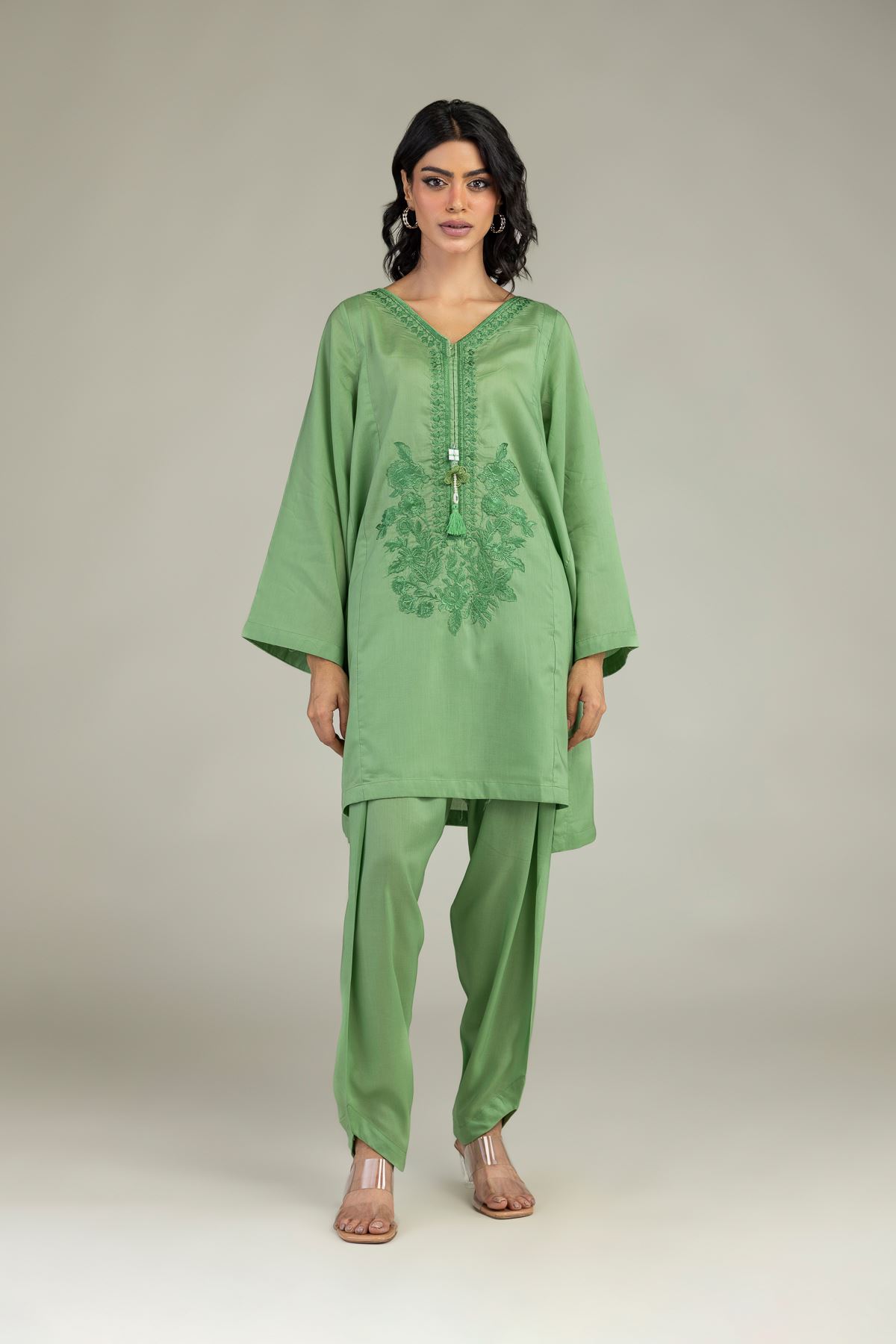 Embroidered Lyocell Dyed Green Shalwar - 8-26-208-A-B1-VG