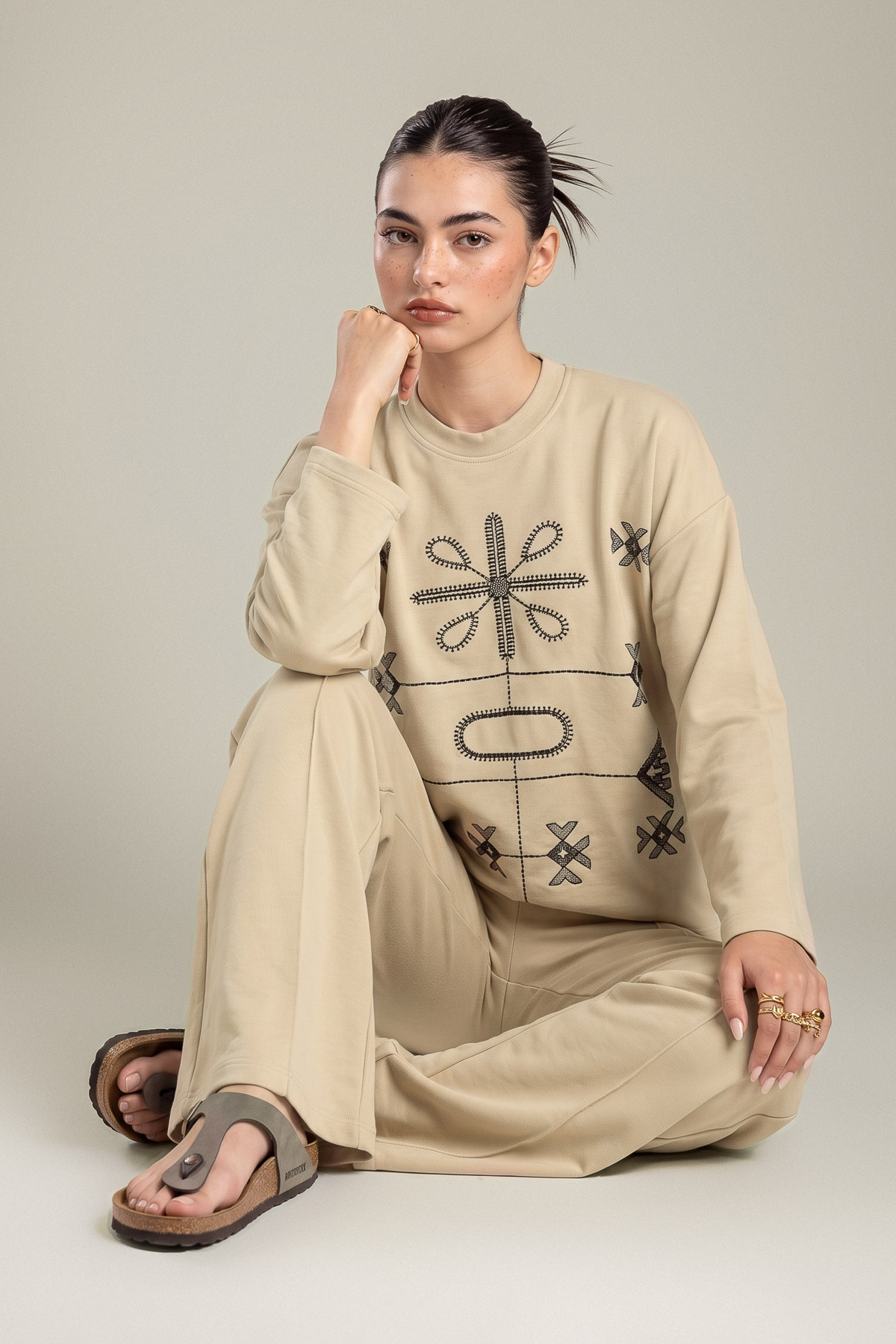 Embroidered Double Jersey Tribal Pullover Sweatshirt - 2-26-202-A-D-VG