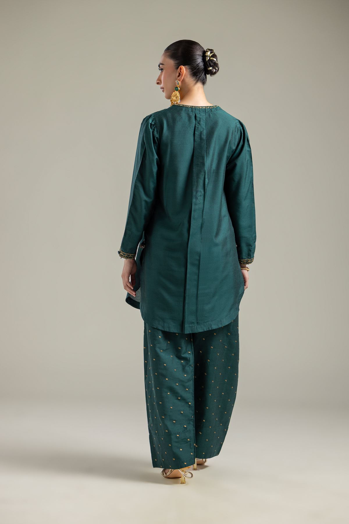 Raw Silk Green V-Neck Kurta - 2-26-107-A-F-VG
