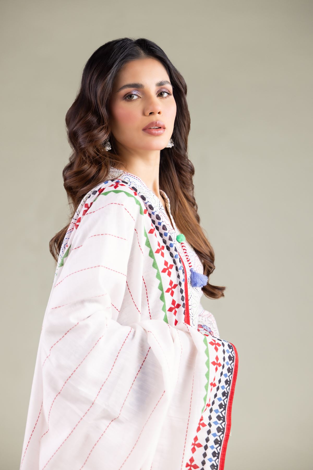 Embroidered Textured Cotton Tassel Dupatta - 1-26-115-C-A-VG