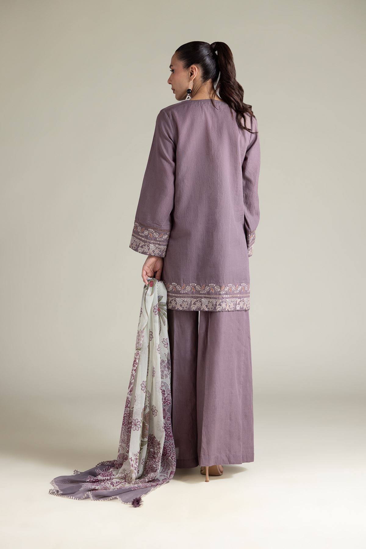 Embroidered Textured Cotton Tailored 3 Piece - T-A22-26-207FE2-VG
