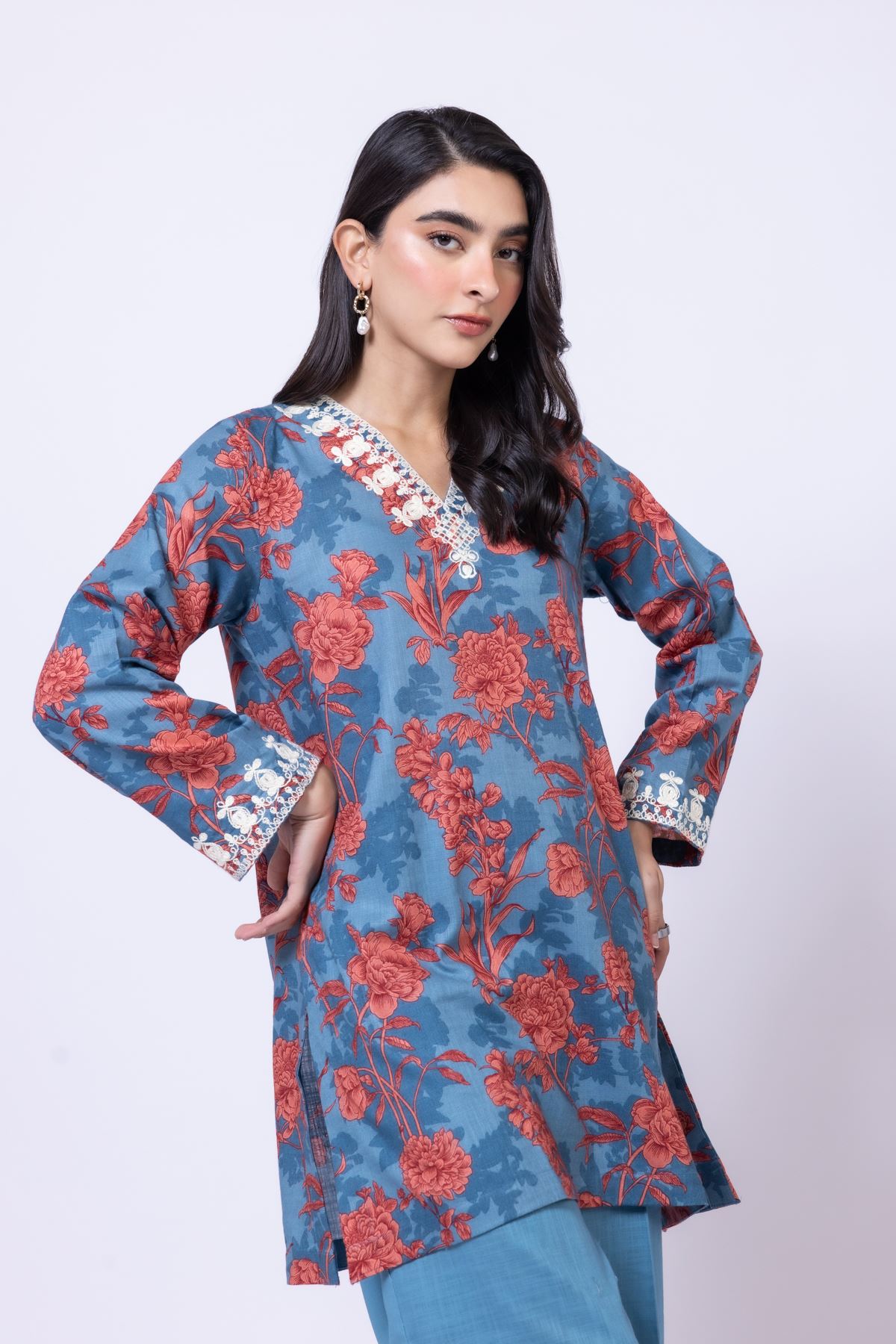 Embroidered Heavy Textured Cotton Kurta - 25-10-11E12-03TB-VG