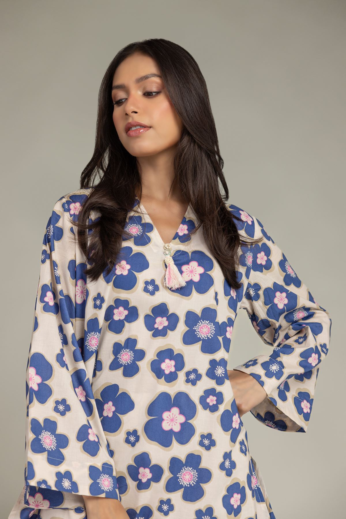 Printed Cambric Floral V-Neck Kurta - 5-26-105-F-A-VG