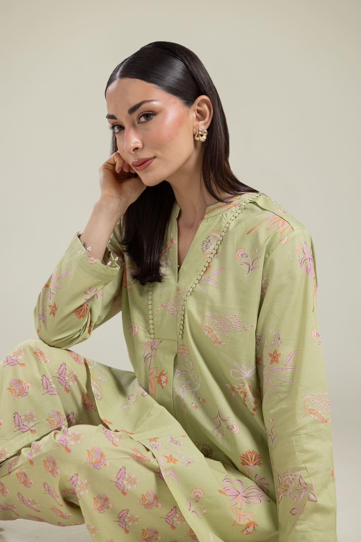 Printed Cotton Viscose Floral V-Neck Kurta - 1-26-135-A-D-VG