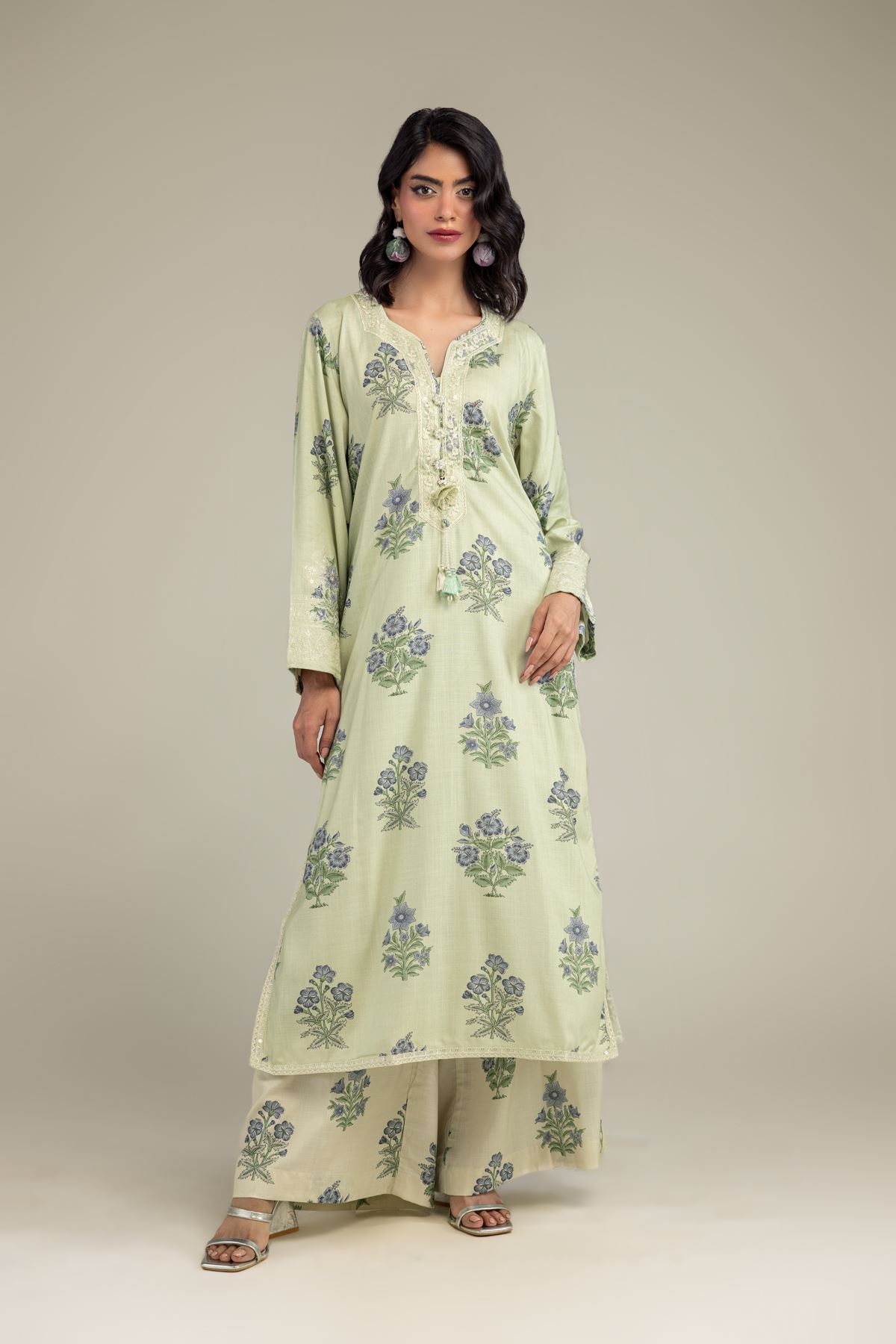 Embroidered Raw Silk Floral Longline Kurta - 2-26-301-B-F1-VG