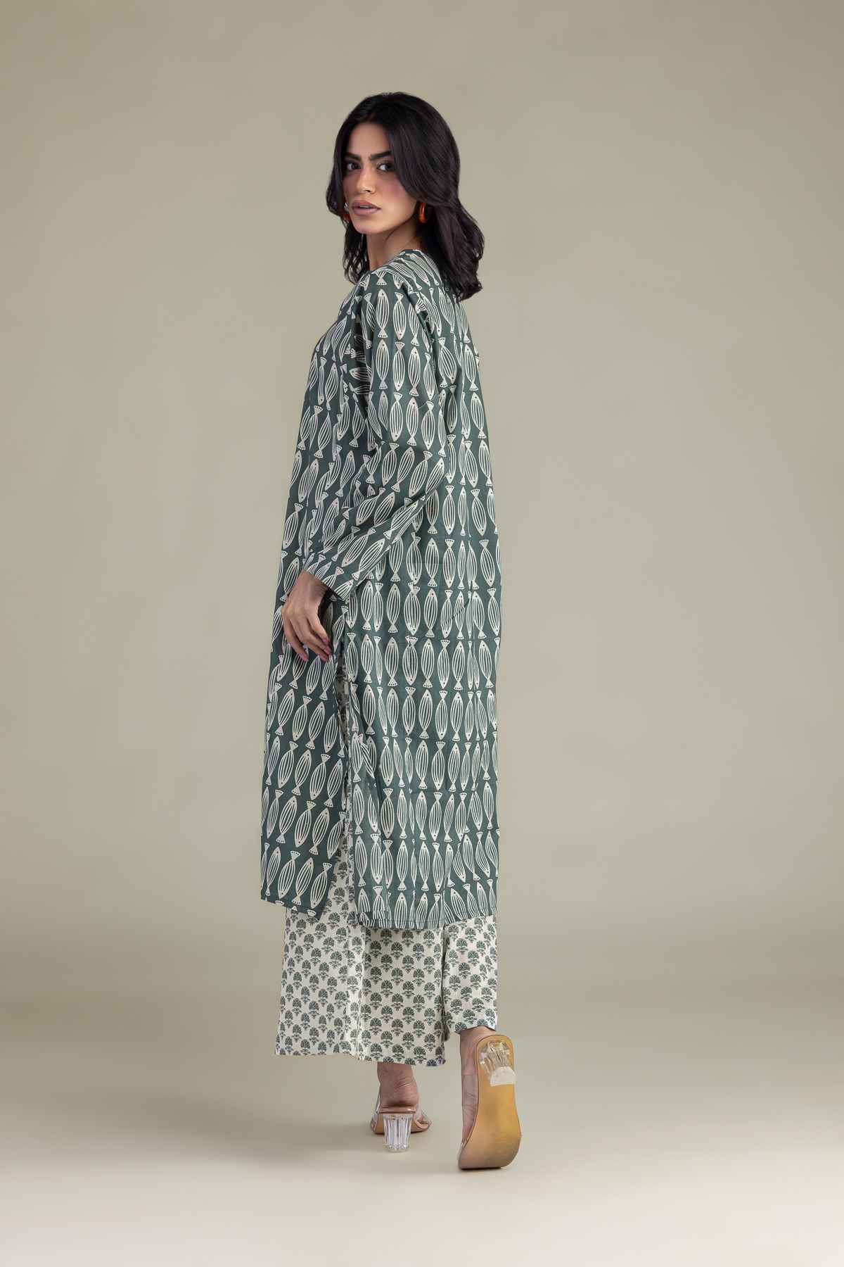 Printed Cambric Green Longline Kurta - 1-26-102-A-F-VG
