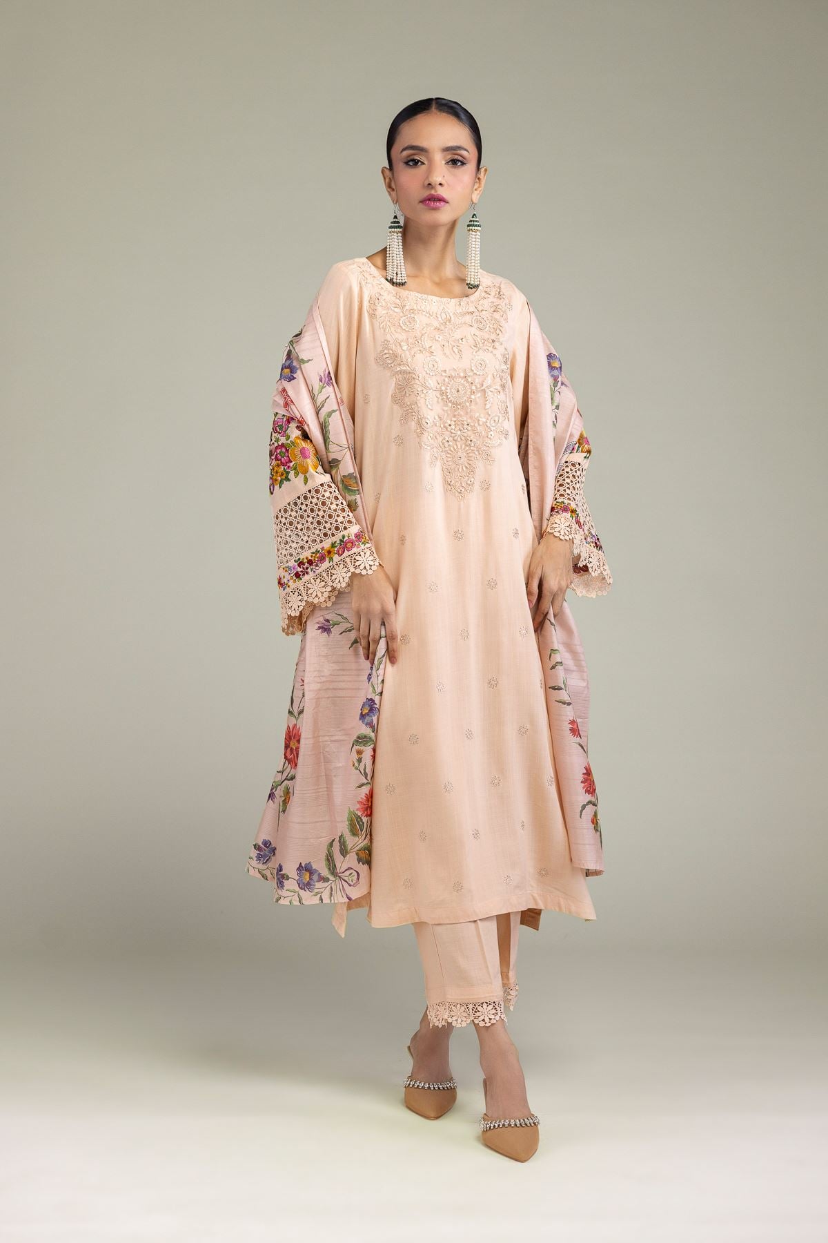 Embroidered Raw Silk Floral Silk Kurta - 8-26-204-A-D1-VG
