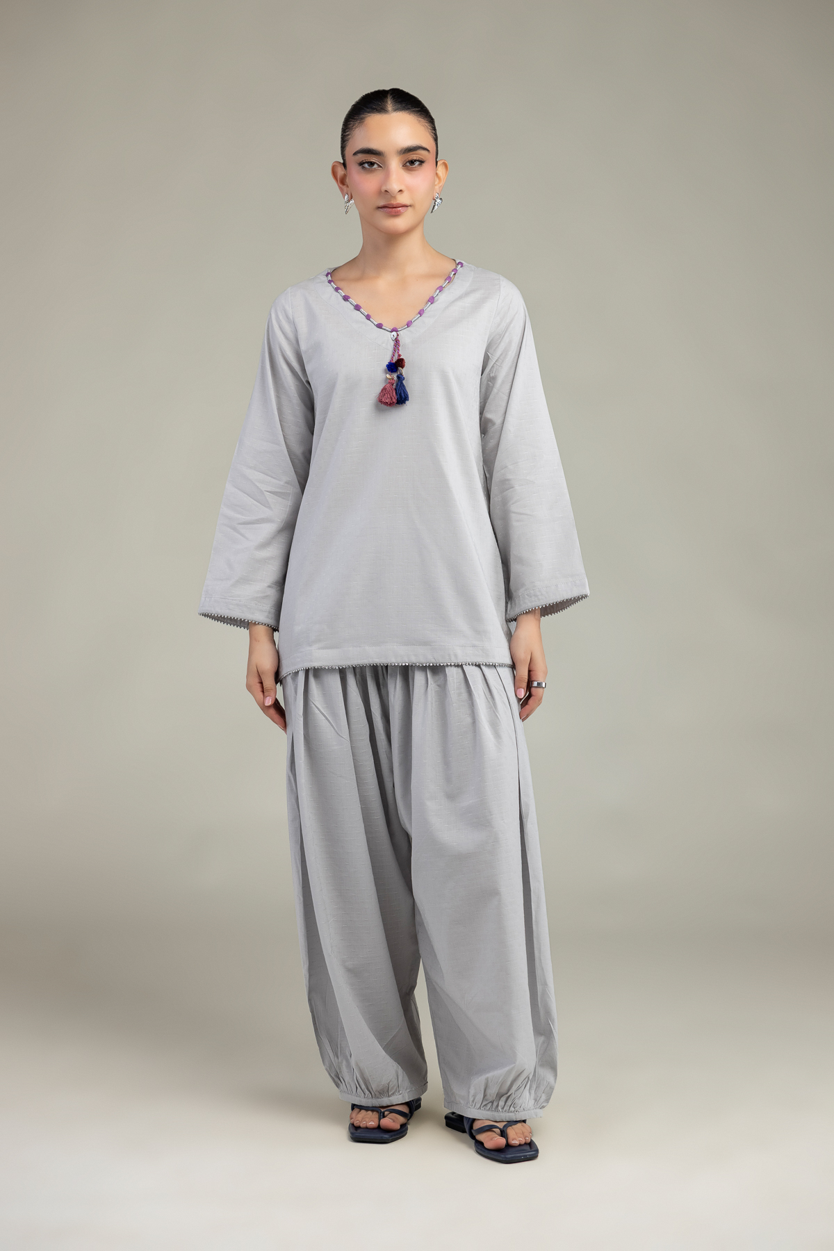 Embroidered Textured Cotton Viscose Gray Cotton Shalwar - 8-26-203-A-B1-VG