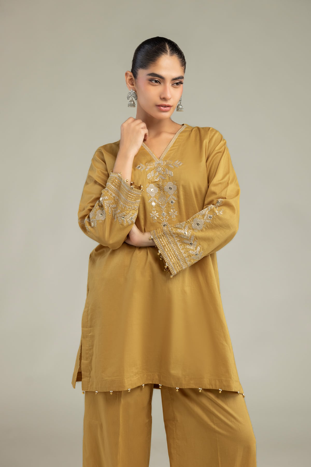 Embroidered Cambric Short Mustard Kurta - 1-26-102-A-F-VG
