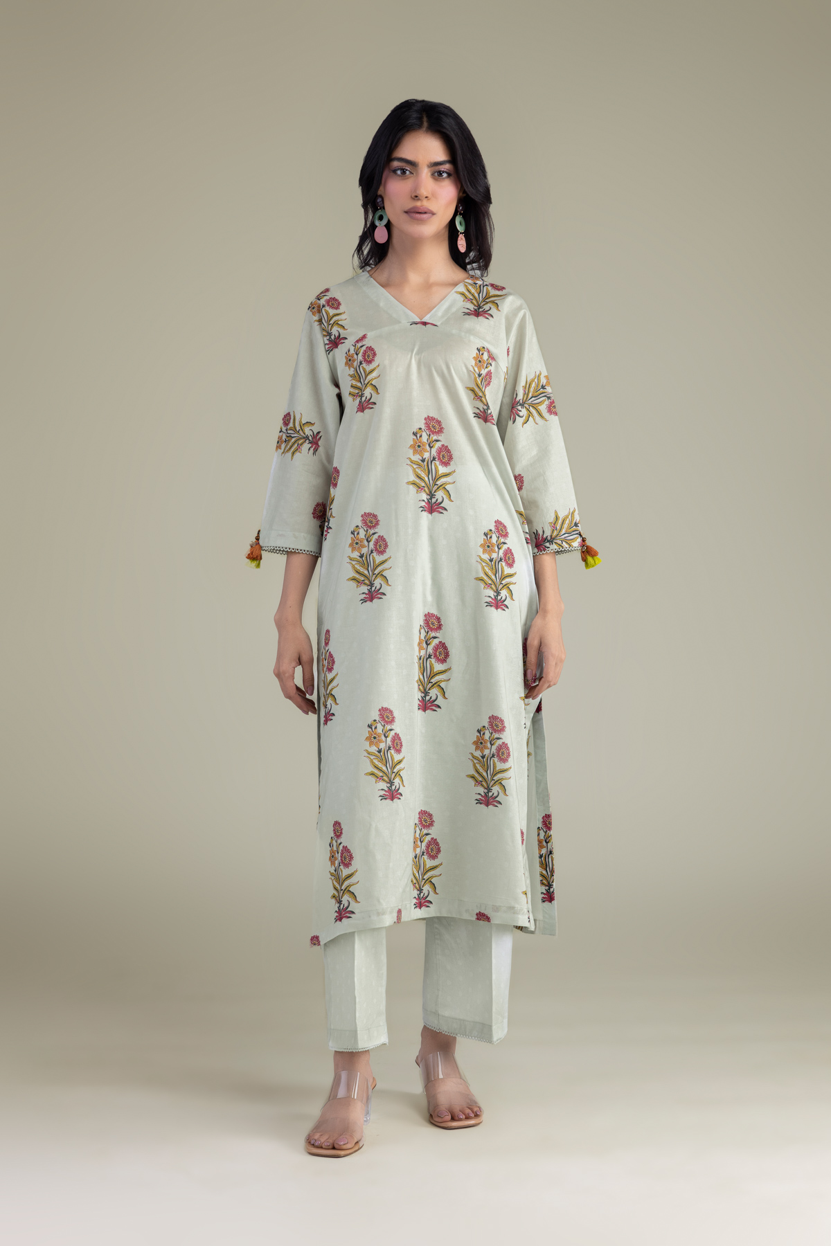 Printed Cambric Floral V-Neck Kurta - 1-26-102-A-F-VG