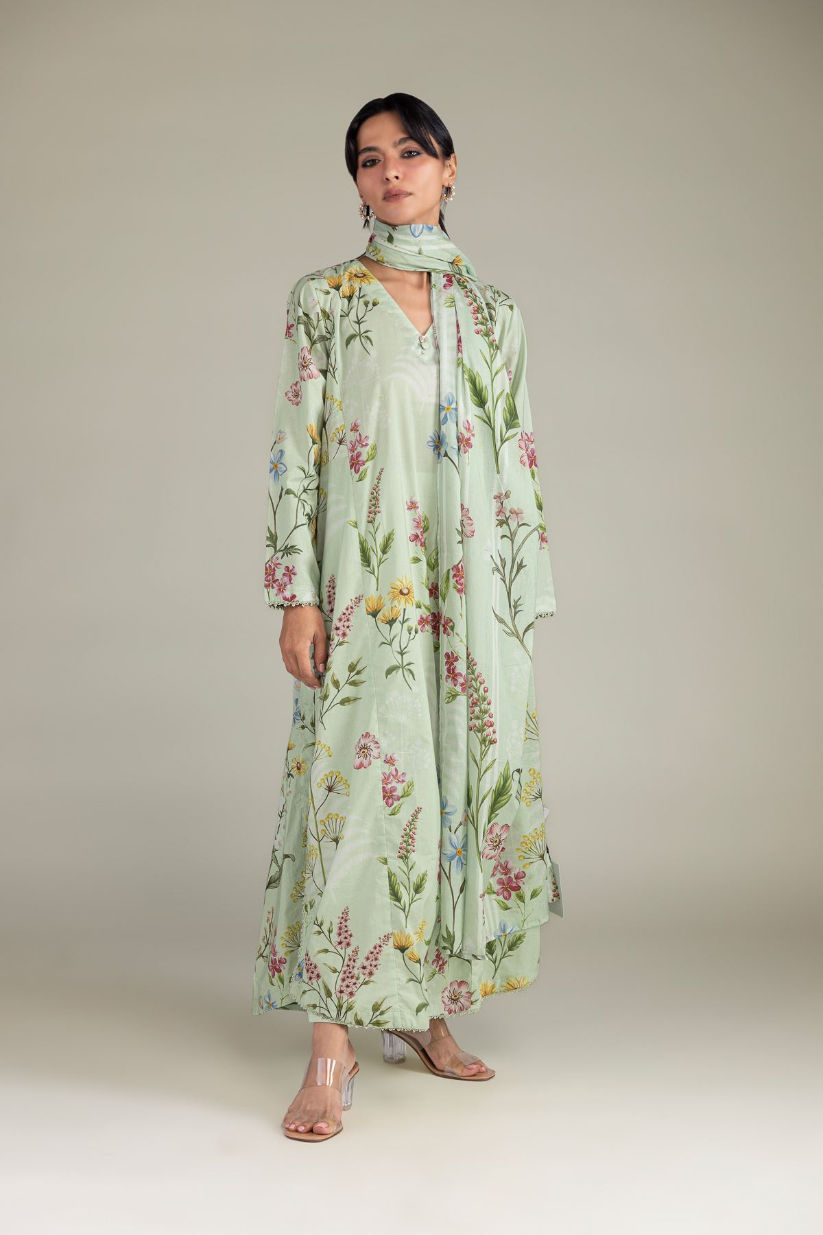 Printed Lawn Floral Mint Dupatta - 1-26-102-A-F-VG