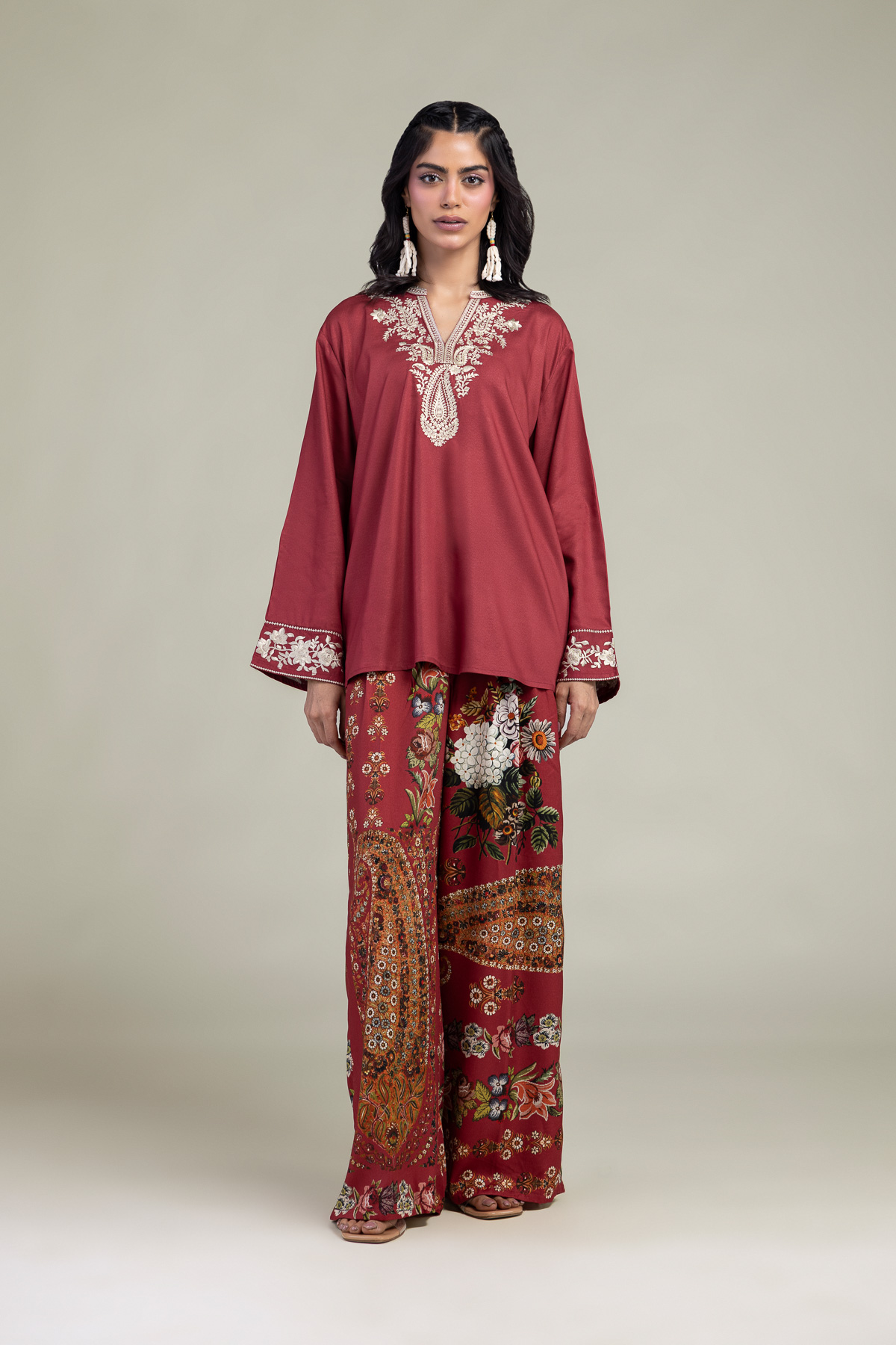 Embroidered Viscose Crepe Viscose V-Neck Tunic - 1-26-229-B-F1-VG