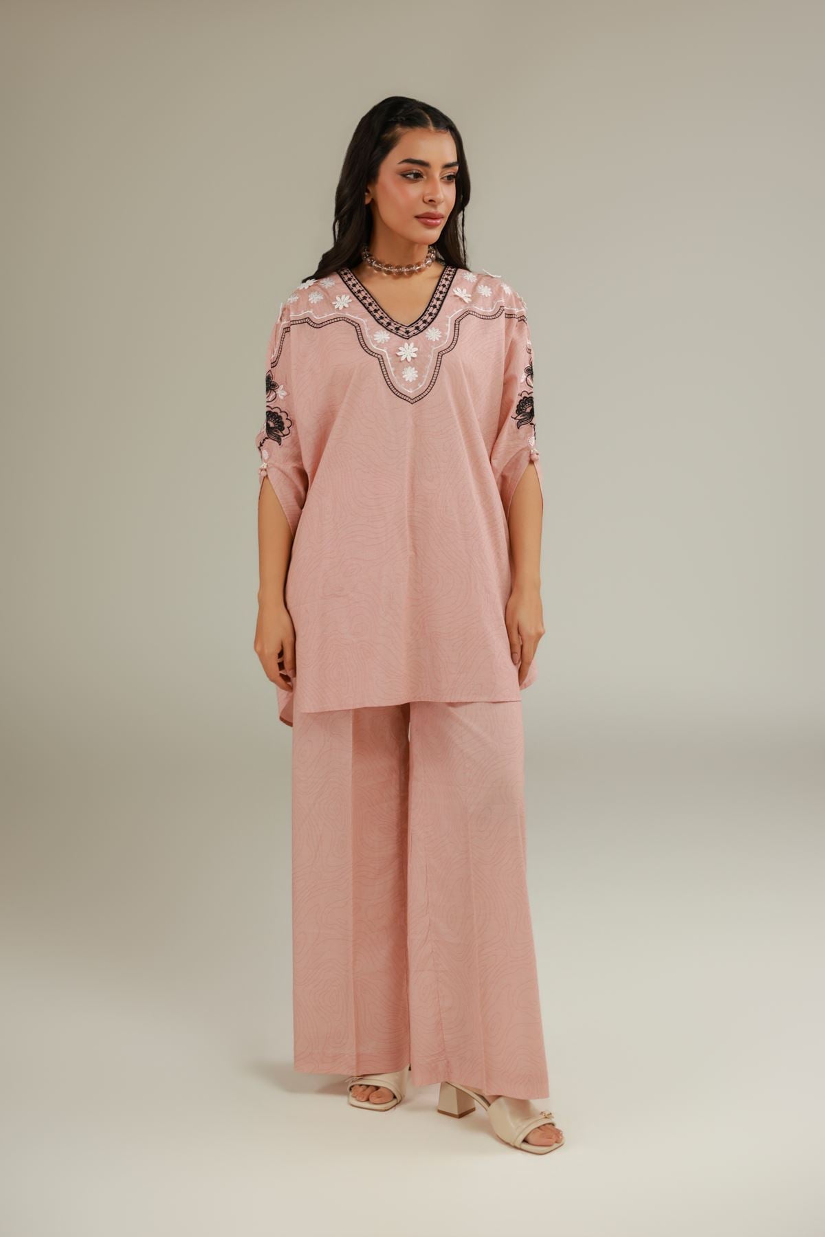 Embroidered Cotton Dobby Pink Cotton Pants - 1-26-120-B-E-VG