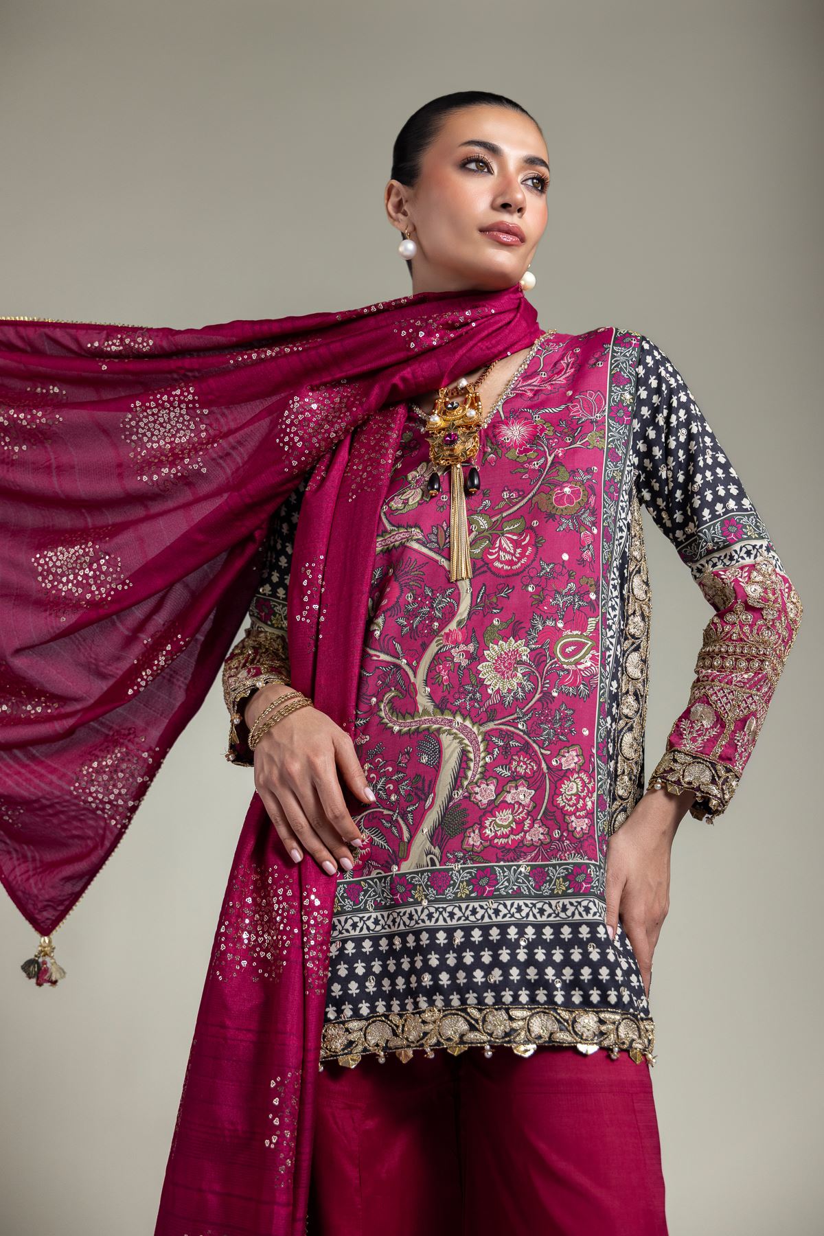 Embroidered Raw Silk Printed 3-Piece Set - 1001928305