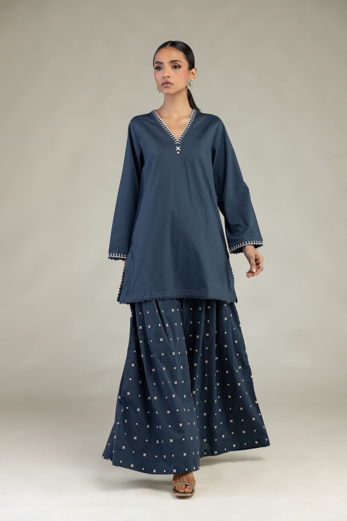 Textured Cotton Embroidered Long V-Neck Kurta - LK04A-VG