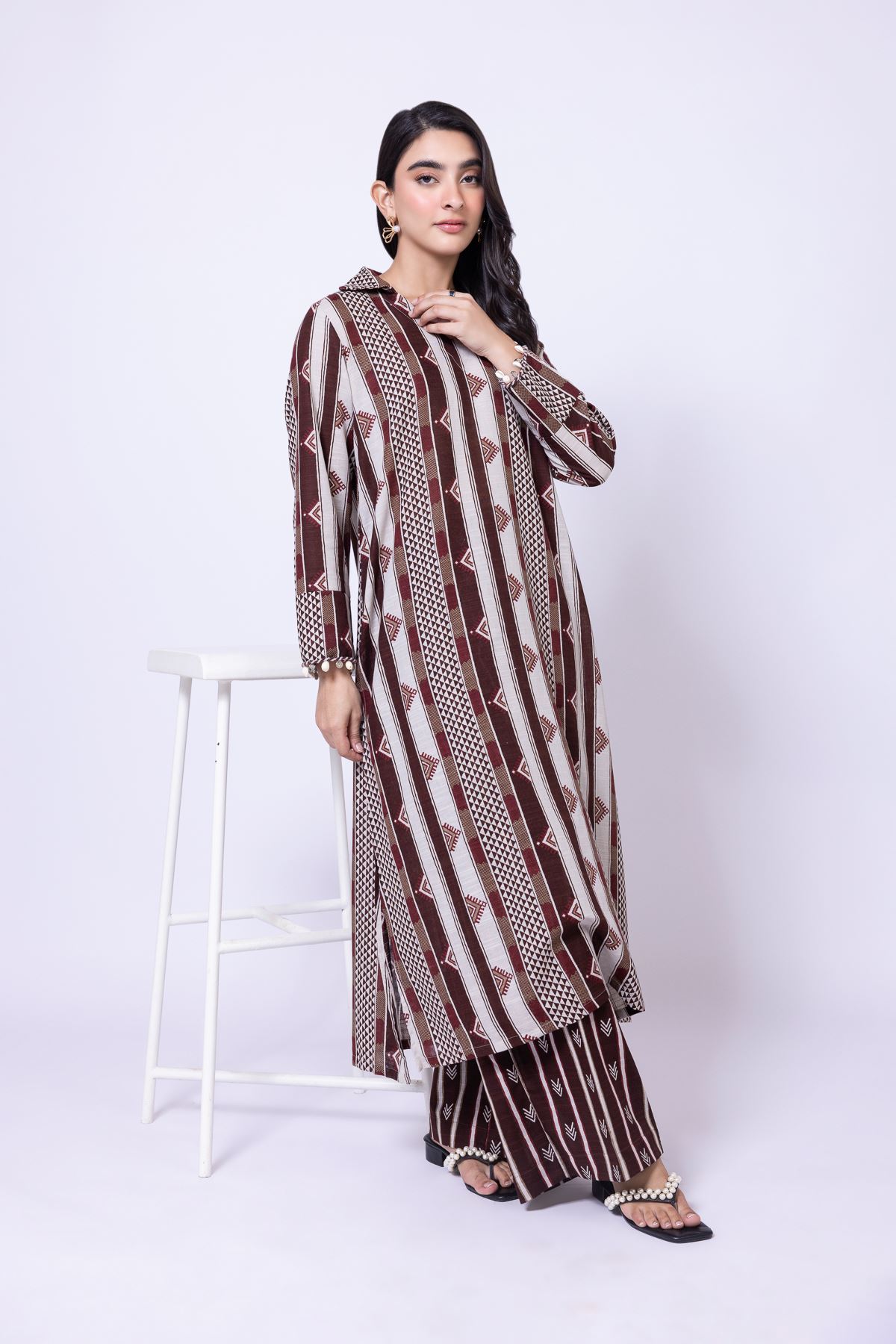 Printed Khaddar Relaxed Striped Pants - 25-10-12E10-02TB-VG