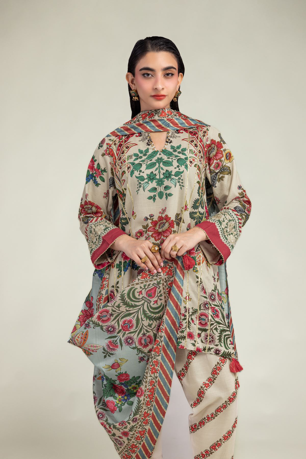 Embroidered Mesuri Floral Beige Dupatta - 1-26-102-A-F-VG