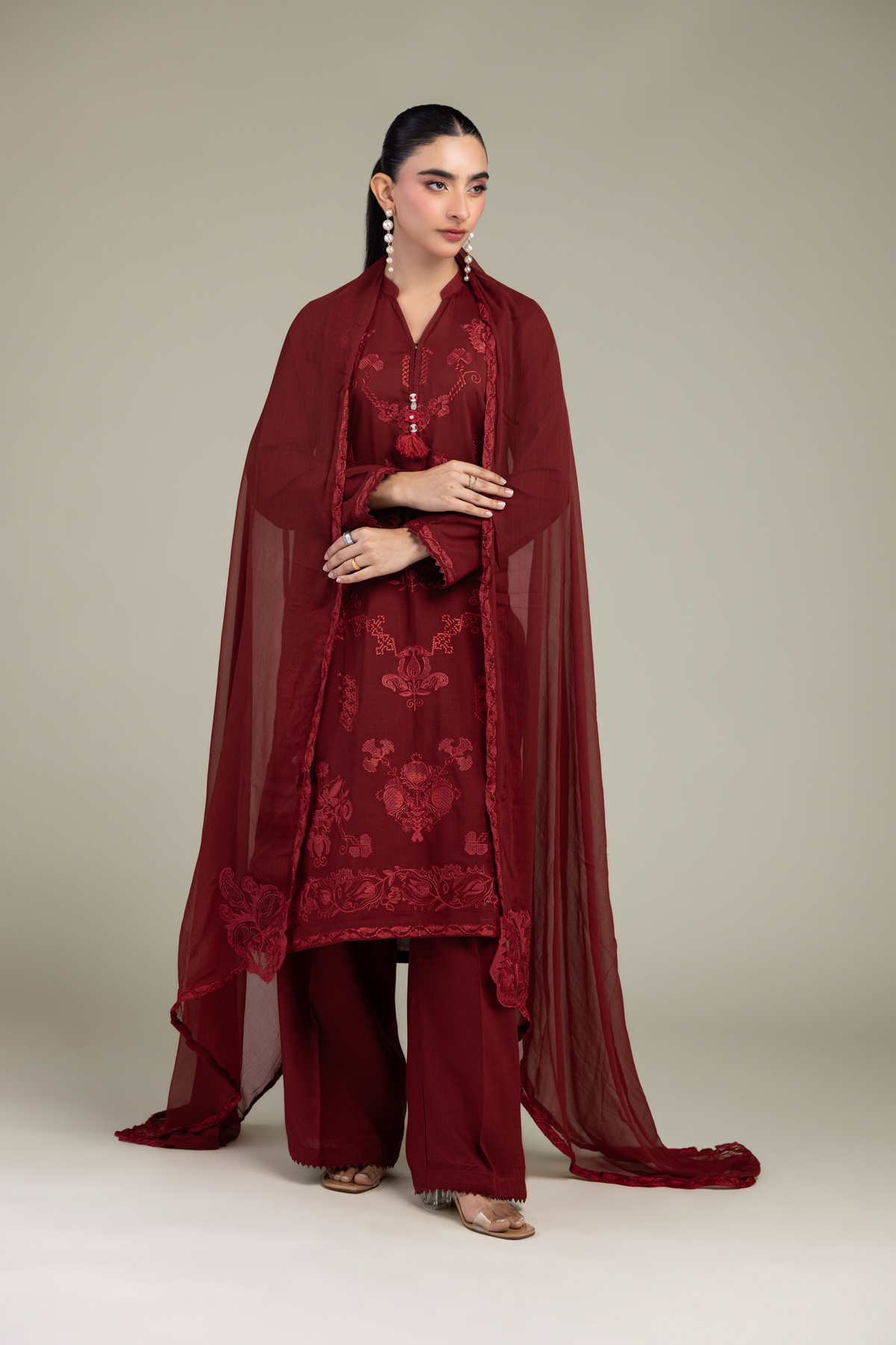 Embroidered Chiffon Maroon Chiffon Dupatta - 1-26-309-B-D1-VG