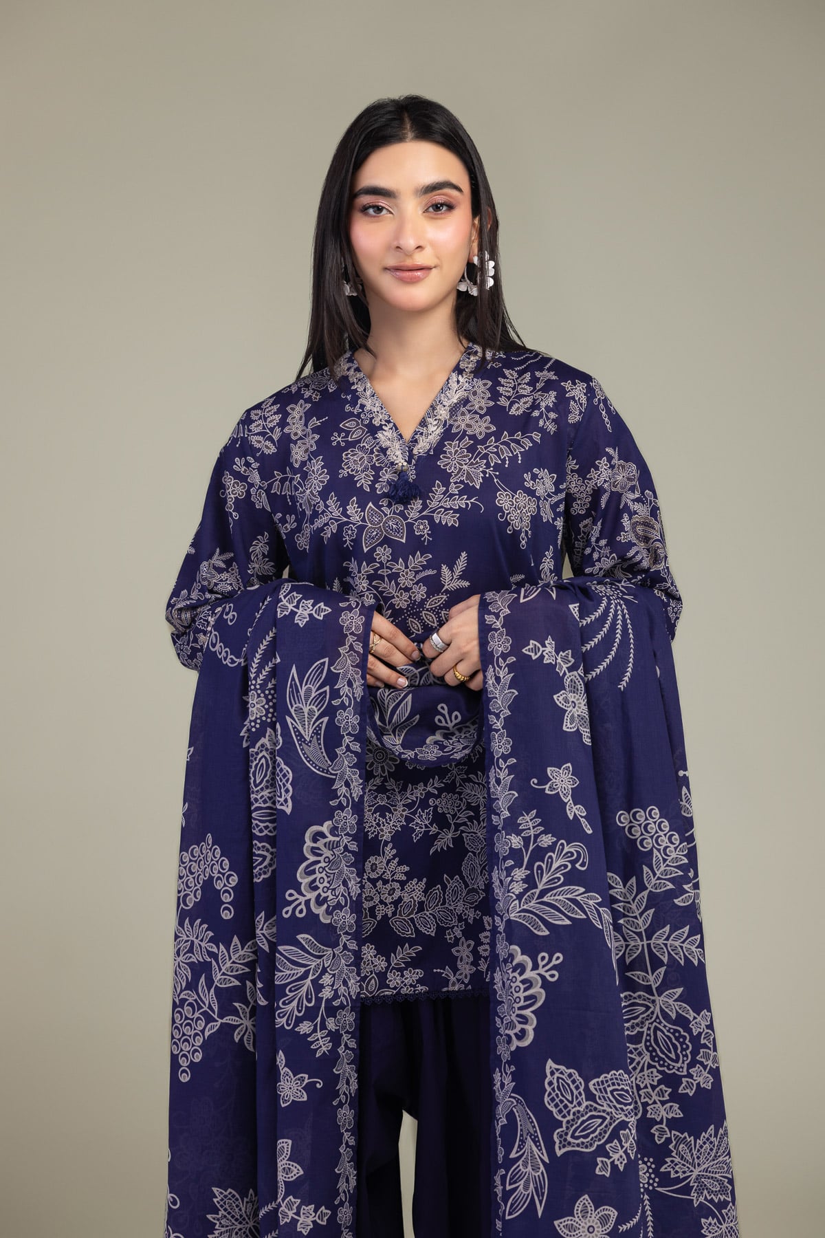 Embroidered Lawn Floral Navy Dupatta - 1-26-102-A-F-VG